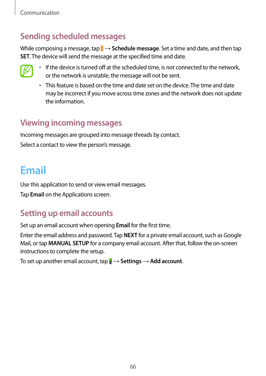 Samsung SM-P9010ZKASER manual Sending scheduled messages, Viewing incoming messages, Setting up email accounts 