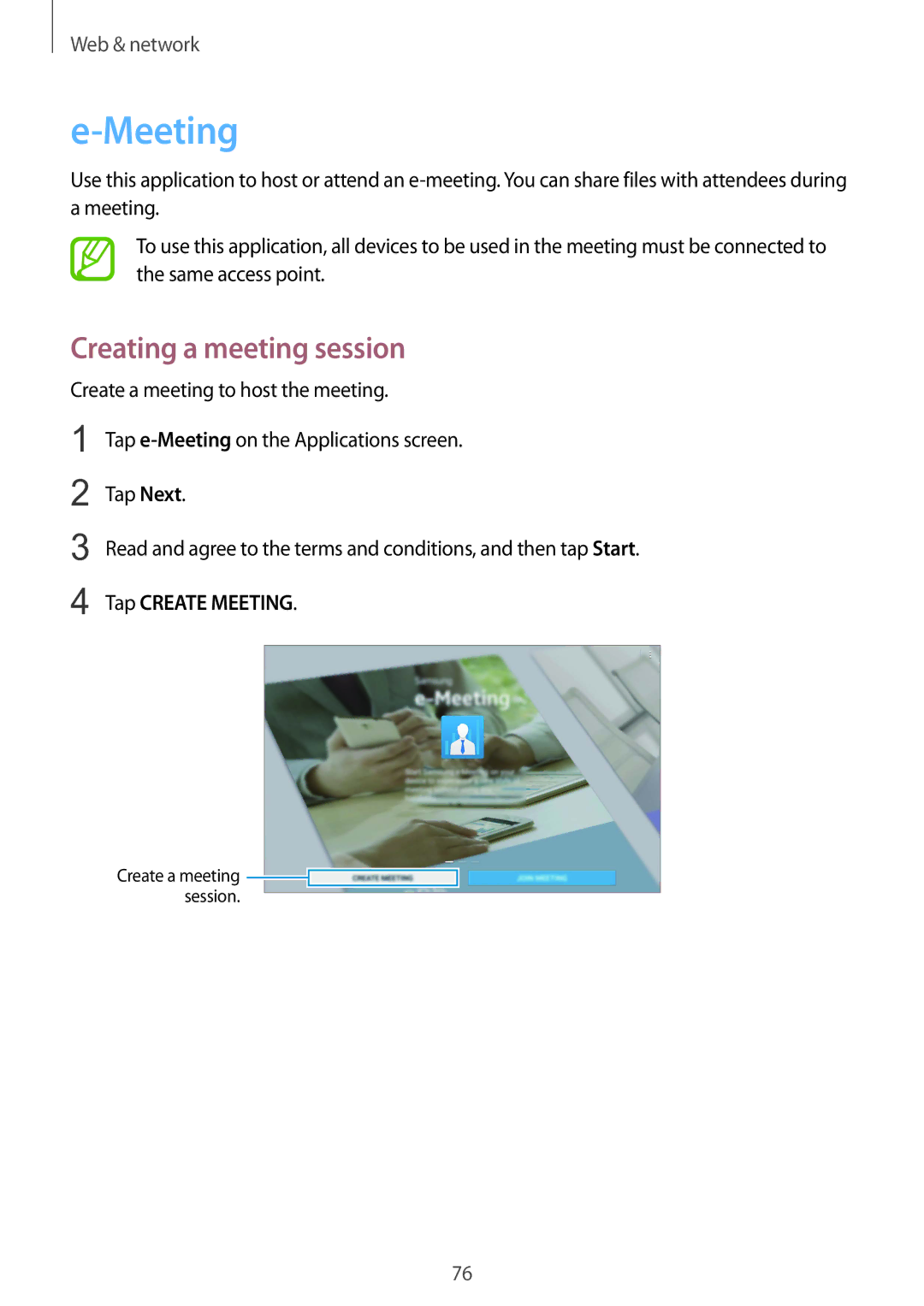 Samsung SM-P9010ZKASER manual Creating a meeting session, Tap Create Meeting 