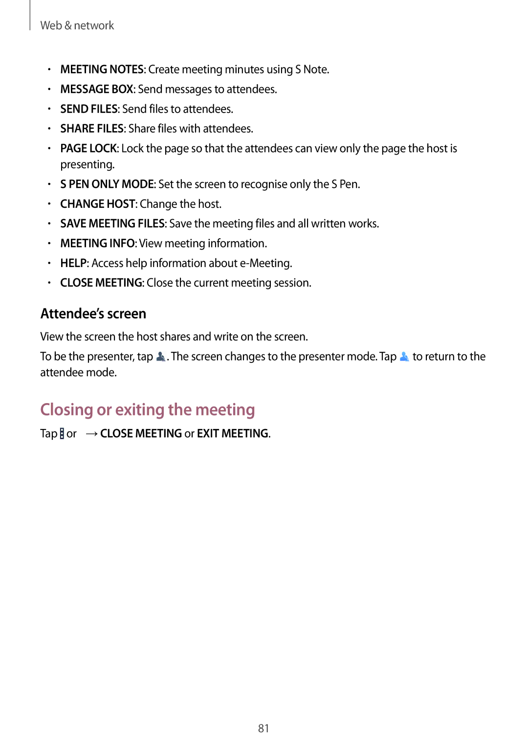 Samsung SM-P9010ZKASER manual Closing or exiting the meeting, Attendee’s screen, Tap or →CLOSE Meeting or Exit Meeting 