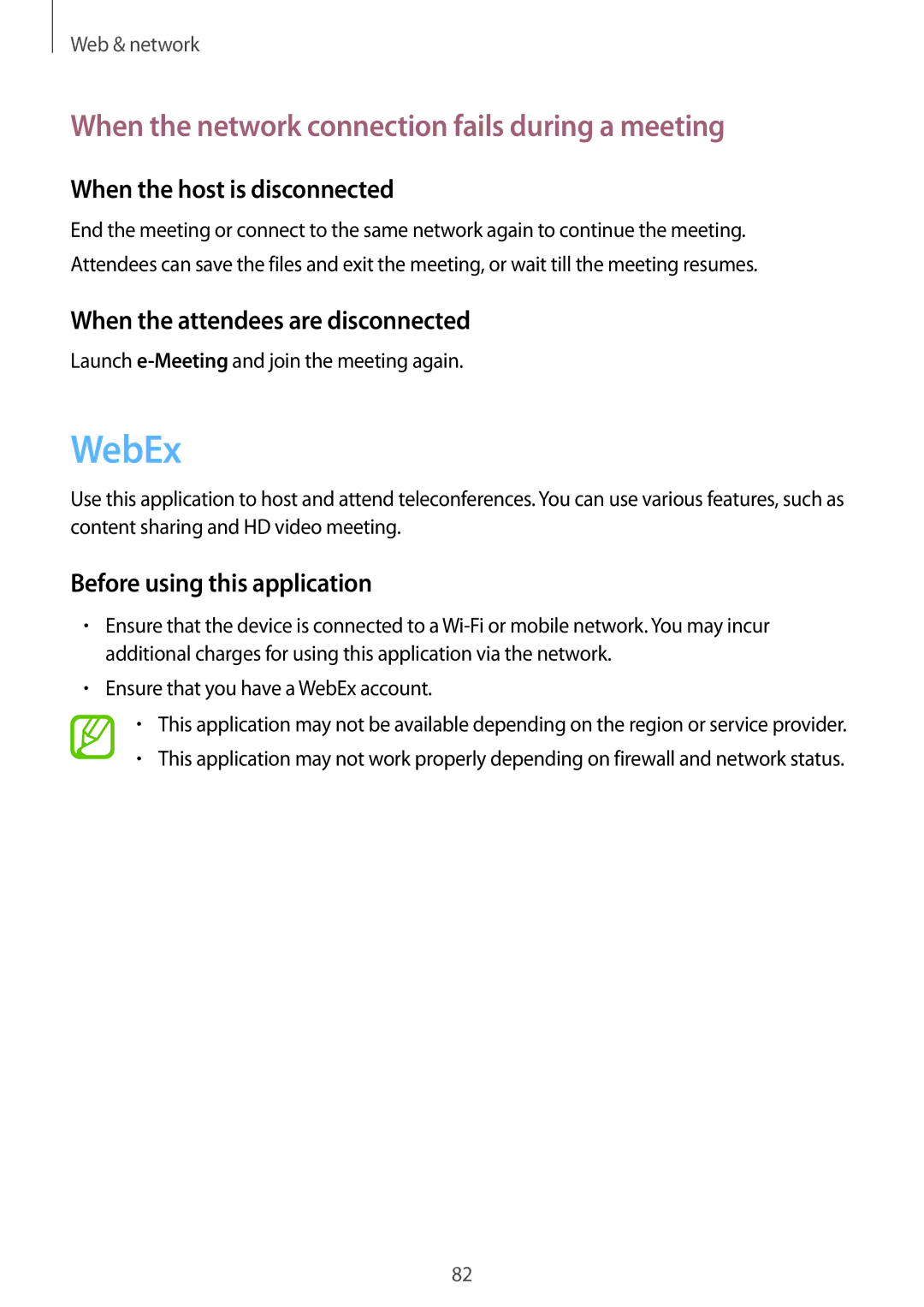 Samsung SM-P9010ZKASER manual WebEx, When the network connection fails during a meeting, When the host is disconnected 