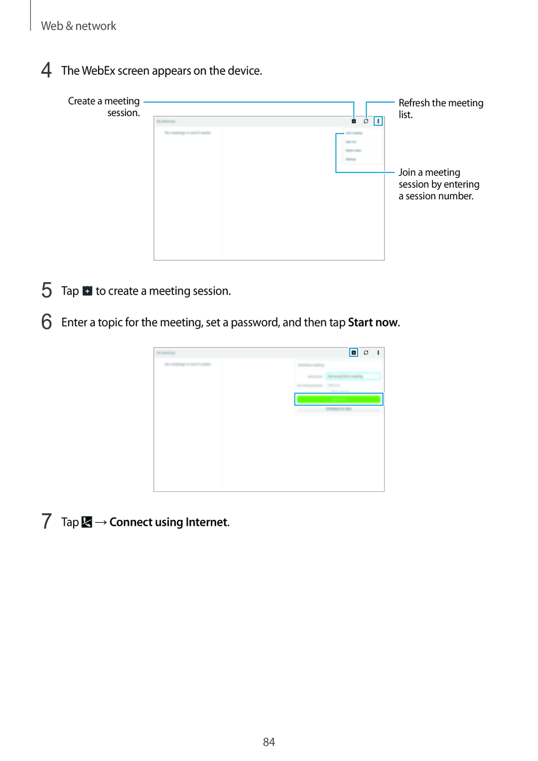 Samsung SM-P9010ZKASER manual WebEx screen appears on the device, Tap →Connect using Internet 