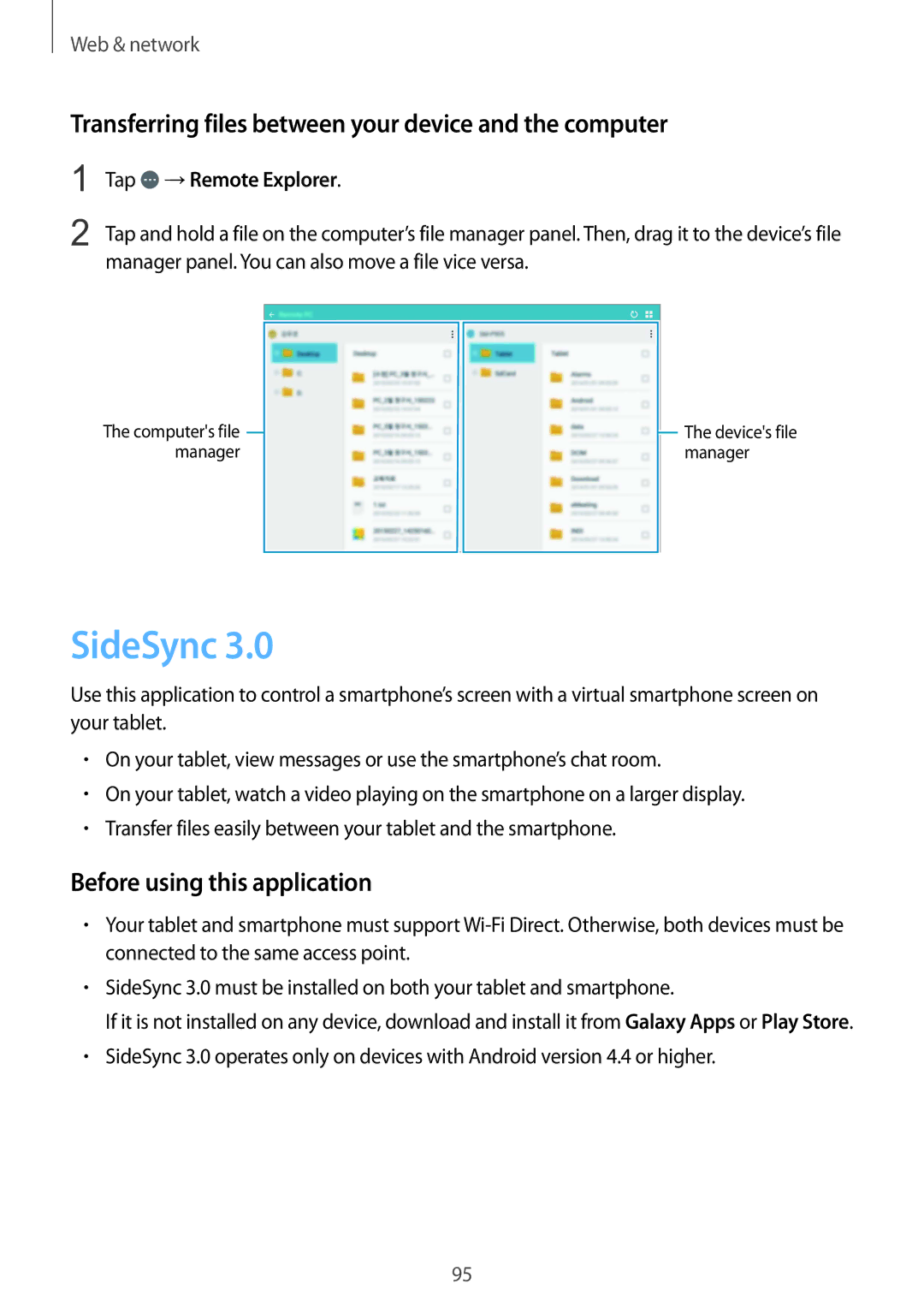 Samsung SM-P9010ZKASER manual SideSync, Transferring files between your device and the computer, Tap →Remote Explorer 