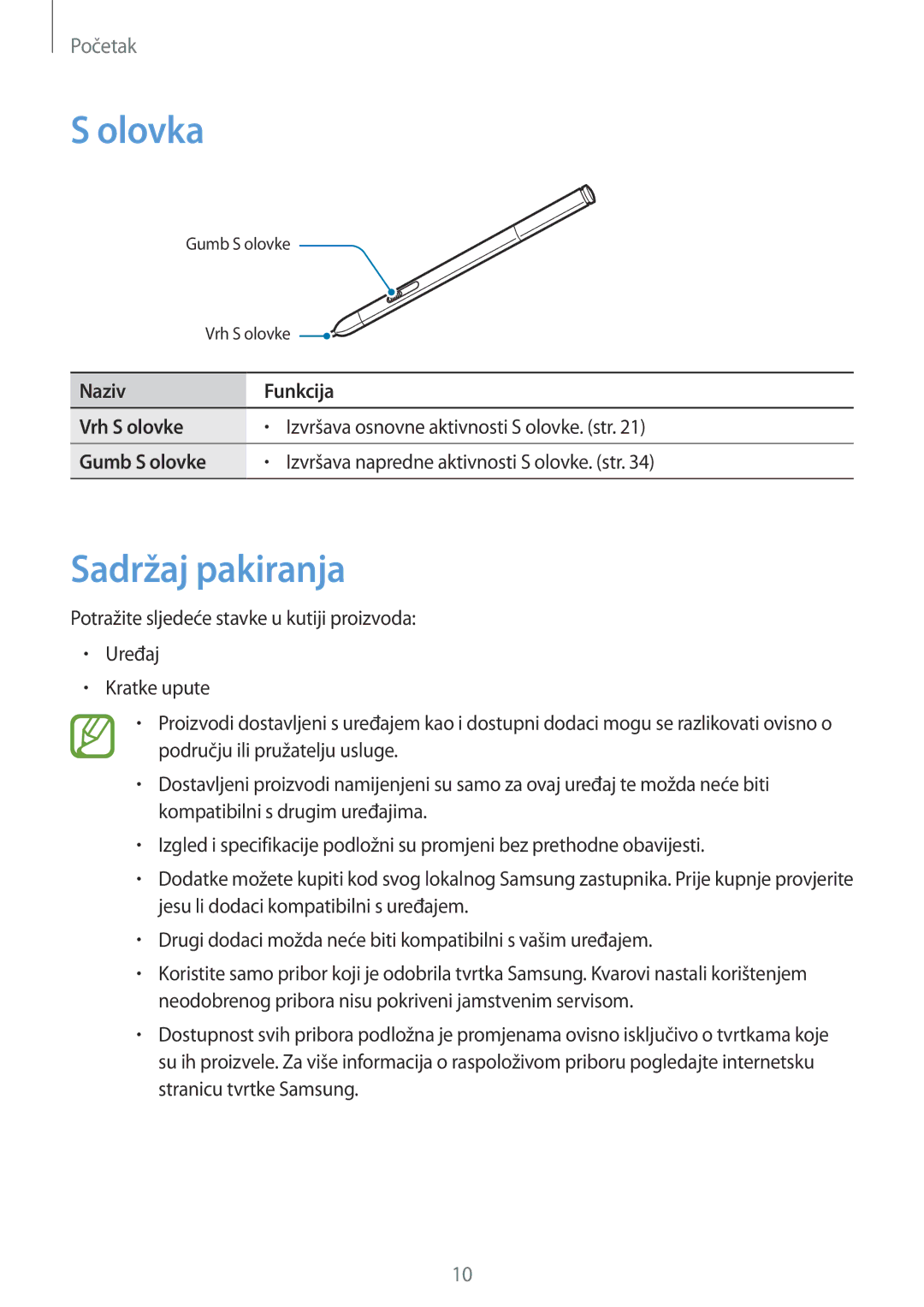 Samsung SM-P9050ZKACRO, SM-P9050ZKAVIP manual Olovka, Sadržaj pakiranja 