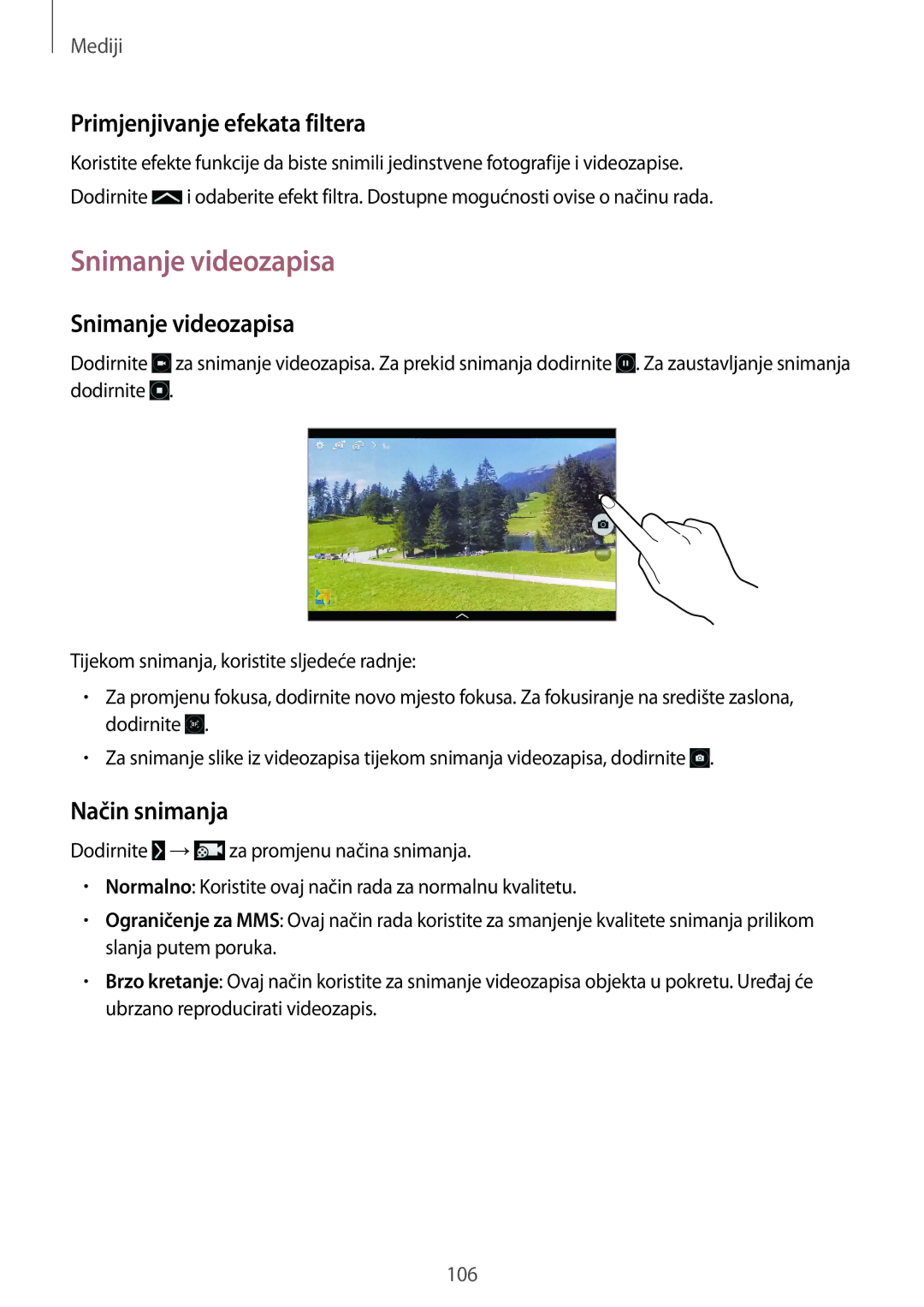 Samsung SM-P9050ZKACRO, SM-P9050ZKAVIP manual Snimanje videozapisa, Primjenjivanje efekata filtera, Način snimanja 