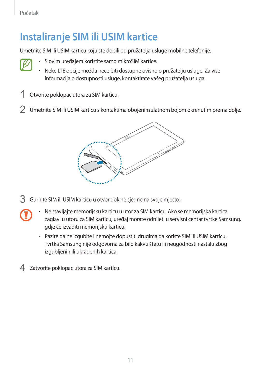 Samsung SM-P9050ZKAVIP, SM-P9050ZKACRO manual Instaliranje SIM ili Usim kartice 