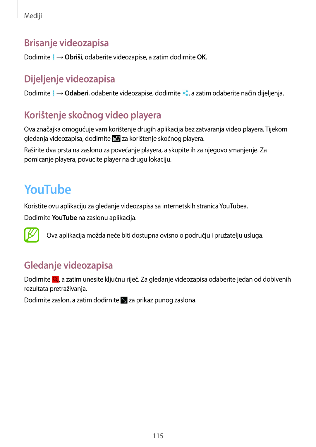 Samsung SM-P9050ZKAVIP manual YouTube, Brisanje videozapisa, Dijeljenje videozapisa, Korištenje skočnog video playera 