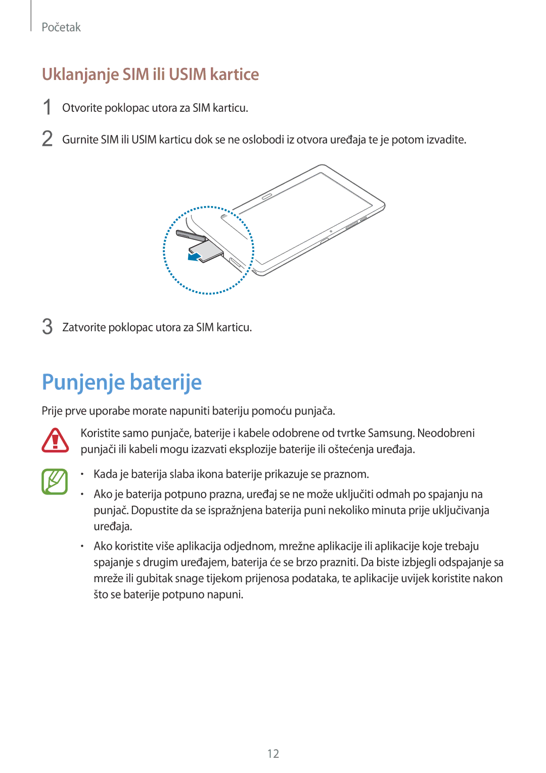 Samsung SM-P9050ZKACRO, SM-P9050ZKAVIP manual Punjenje baterije, Uklanjanje SIM ili Usim kartice 