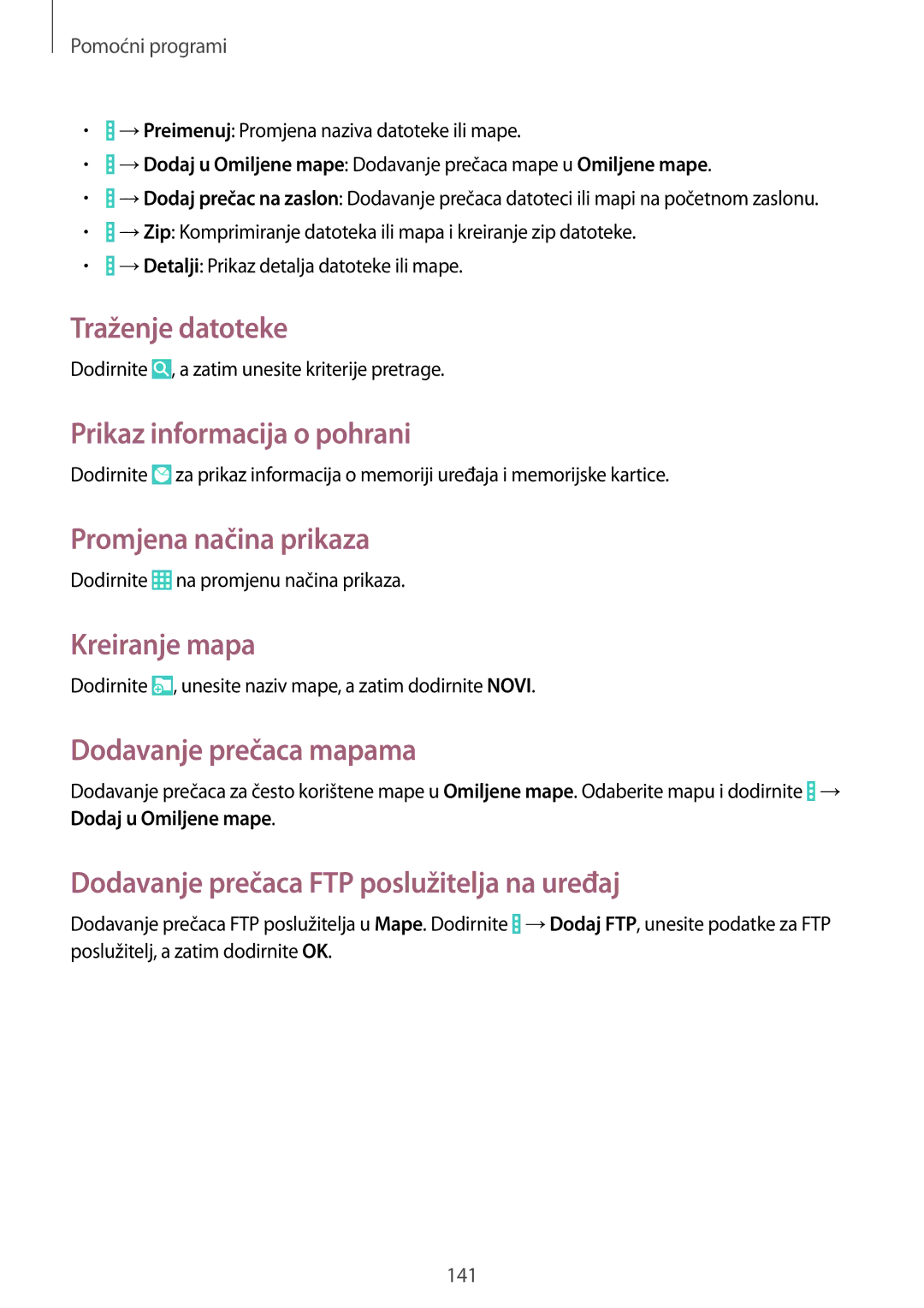 Samsung SM-P9050ZKAVIP manual Traženje datoteke, Prikaz informacija o pohrani, Promjena načina prikaza, Kreiranje mapa 