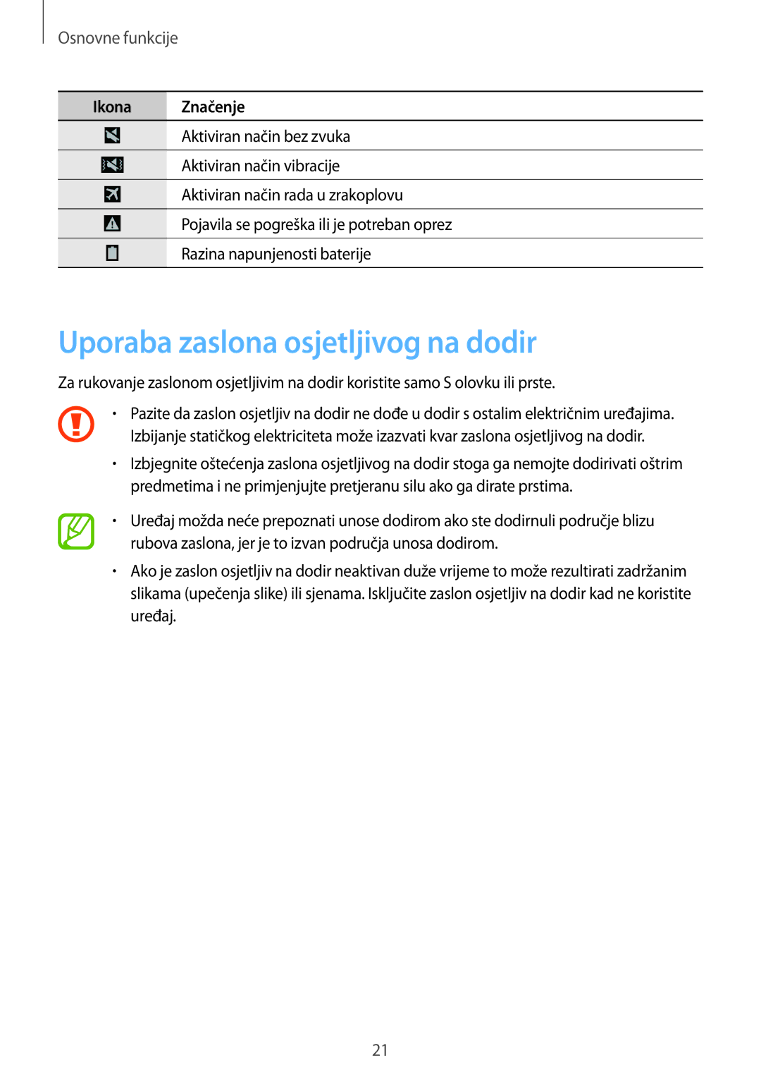 Samsung SM-P9050ZKAVIP, SM-P9050ZKACRO manual Uporaba zaslona osjetljivog na dodir, Osnovne funkcije 