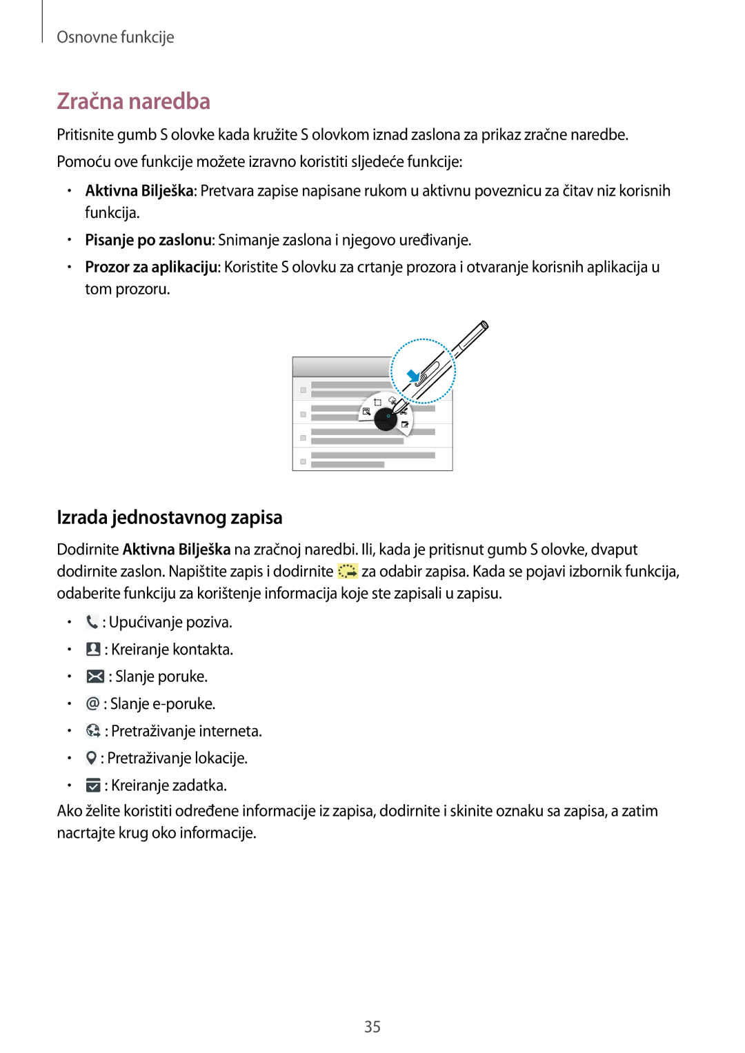 Samsung SM-P9050ZKAVIP, SM-P9050ZKACRO manual Zračna naredba, Izrada jednostavnog zapisa 