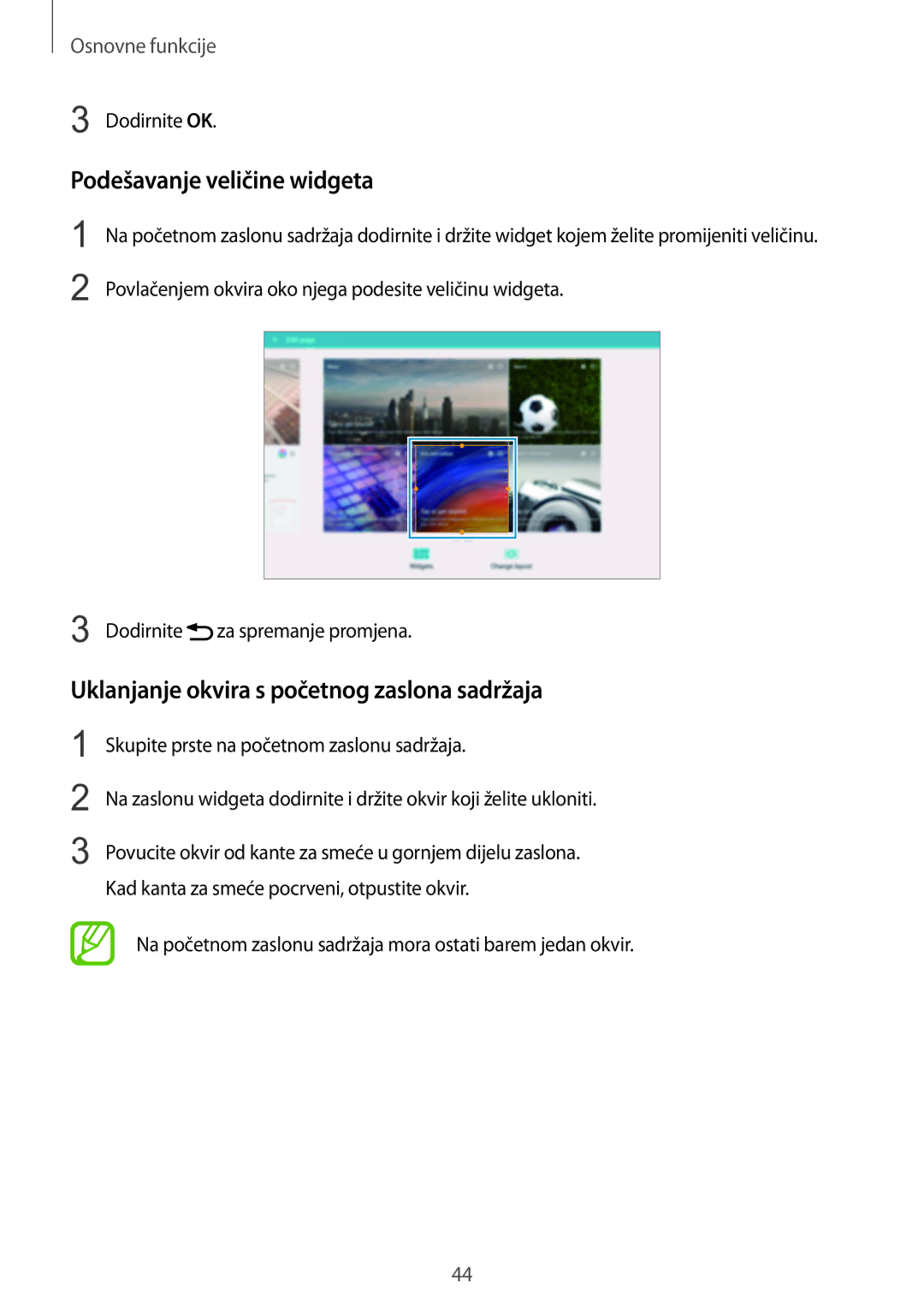 Samsung SM-P9050ZKACRO, SM-P9050ZKAVIP manual Podešavanje veličine widgeta, Uklanjanje okvira s početnog zaslona sadržaja 