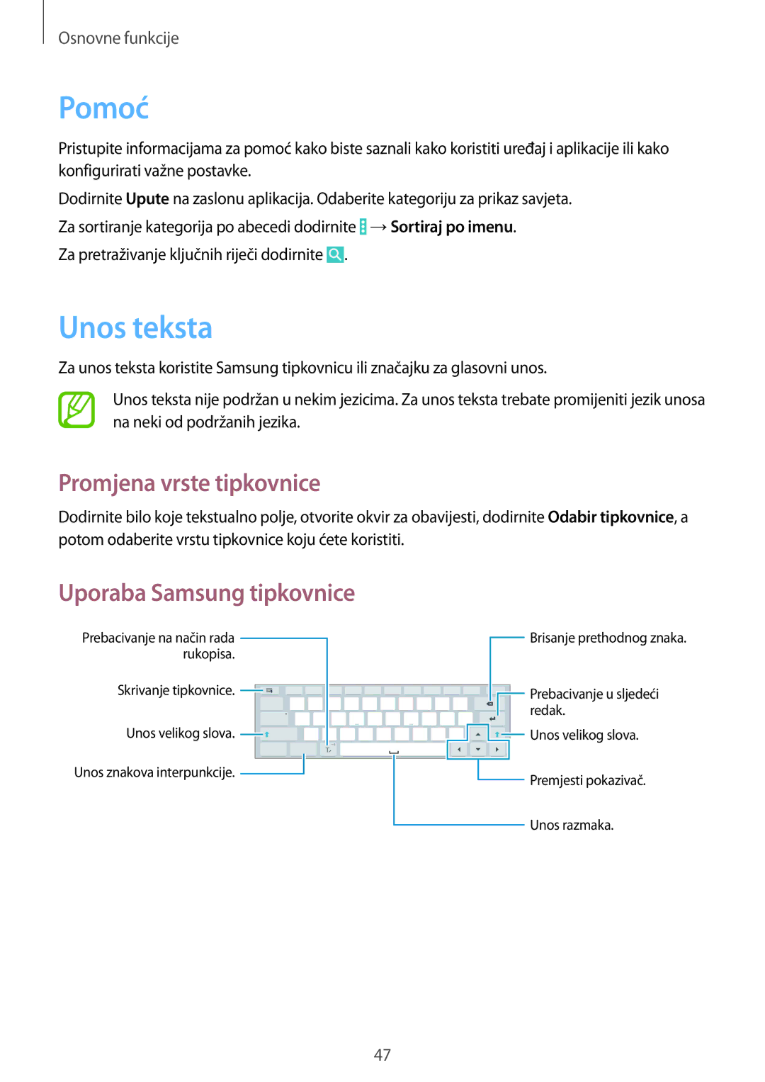 Samsung SM-P9050ZKAVIP, SM-P9050ZKACRO manual Pomoć, Unos teksta, Promjena vrste tipkovnice 