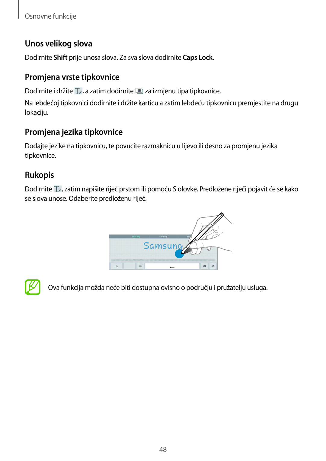 Samsung SM-P9050ZKACRO, SM-P9050ZKAVIP Unos velikog slova, Promjena vrste tipkovnice, Promjena jezika tipkovnice, Rukopis 