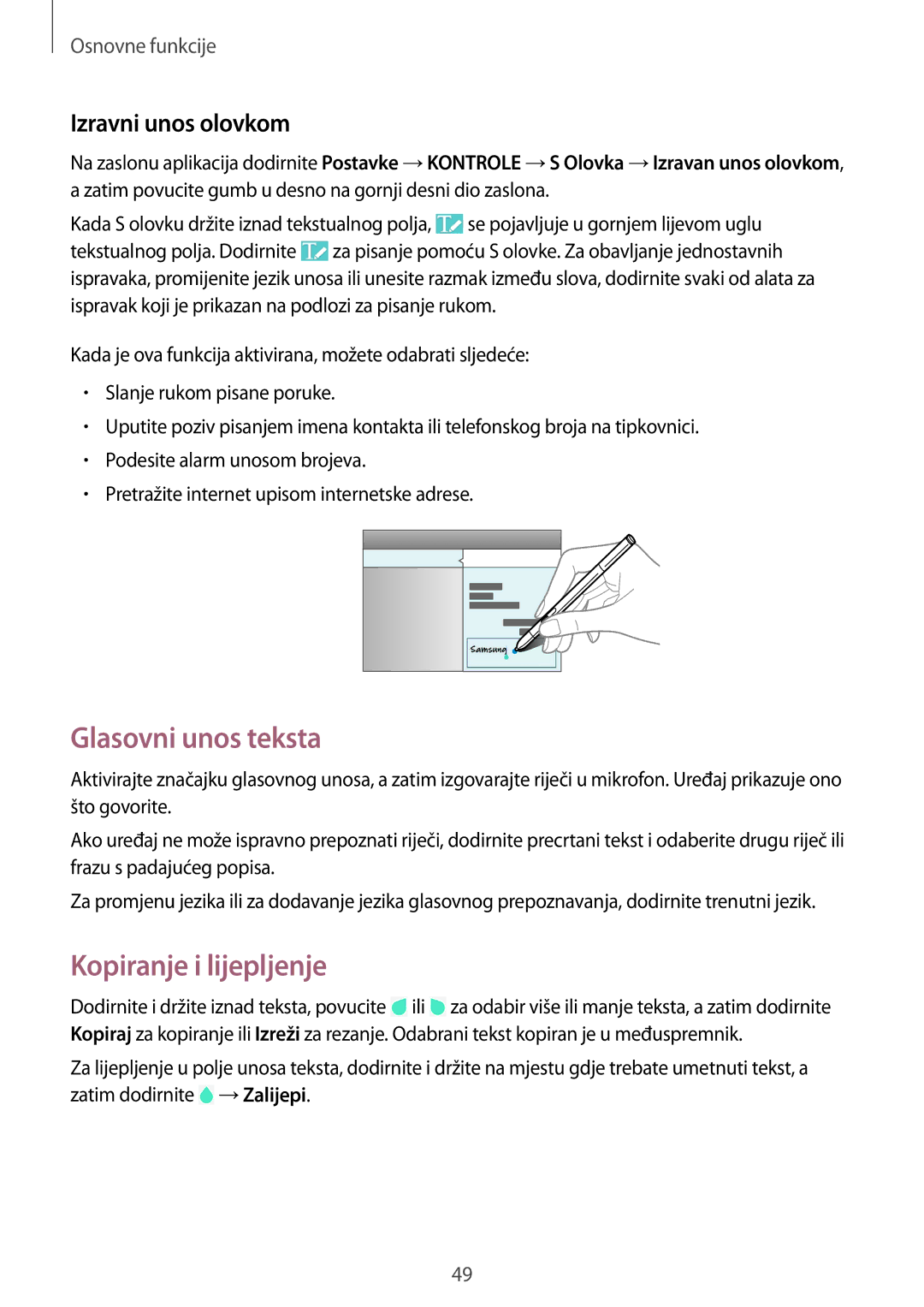 Samsung SM-P9050ZKAVIP, SM-P9050ZKACRO manual Glasovni unos teksta, Kopiranje i lijepljenje, Izravni unos olovkom 