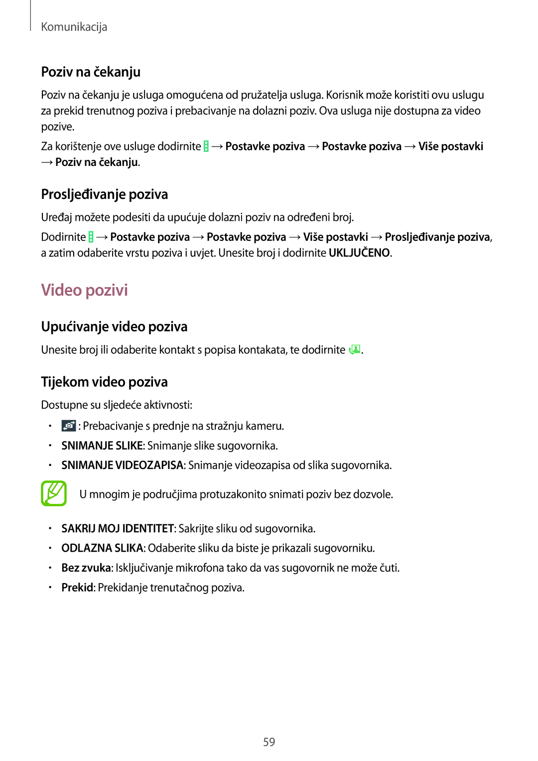 Samsung SM-P9050ZKAVIP, SM-P9050ZKACRO manual Video pozivi, Poziv na čekanju, Prosljeđivanje poziva, Upućivanje video poziva 