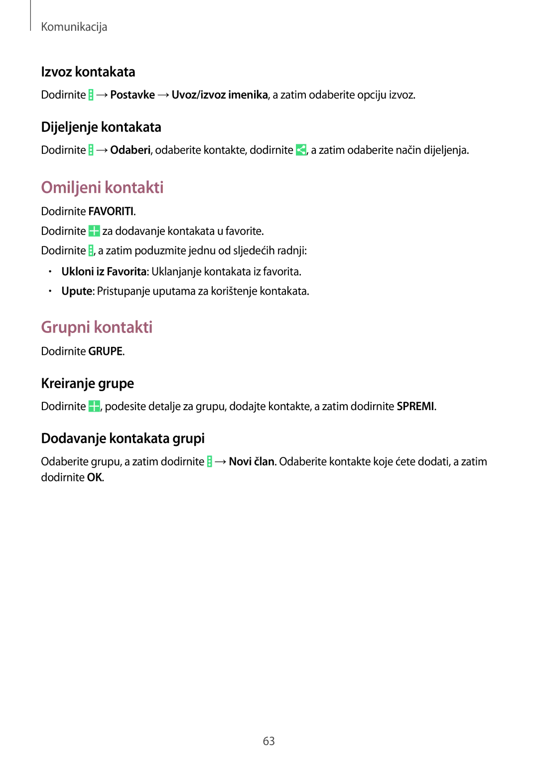 Samsung SM-P9050ZKAVIP, SM-P9050ZKACRO manual Omiljeni kontakti, Grupni kontakti 