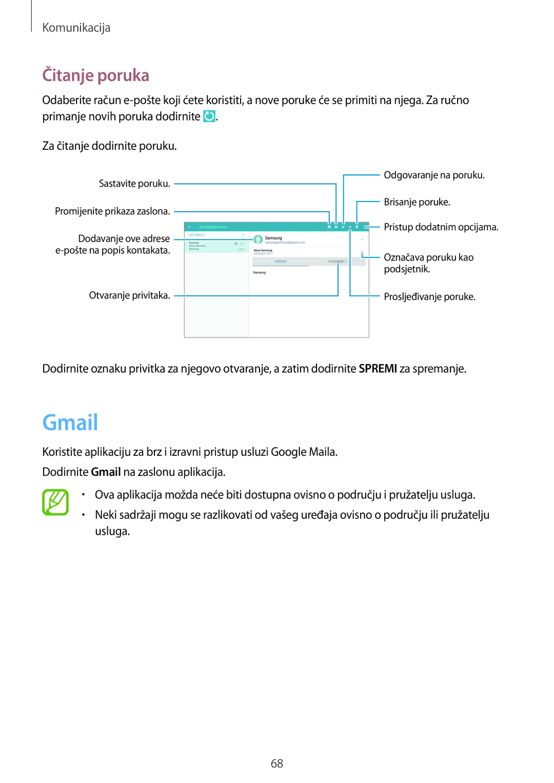Samsung SM-P9050ZKACRO, SM-P9050ZKAVIP manual Gmail, Čitanje poruka 