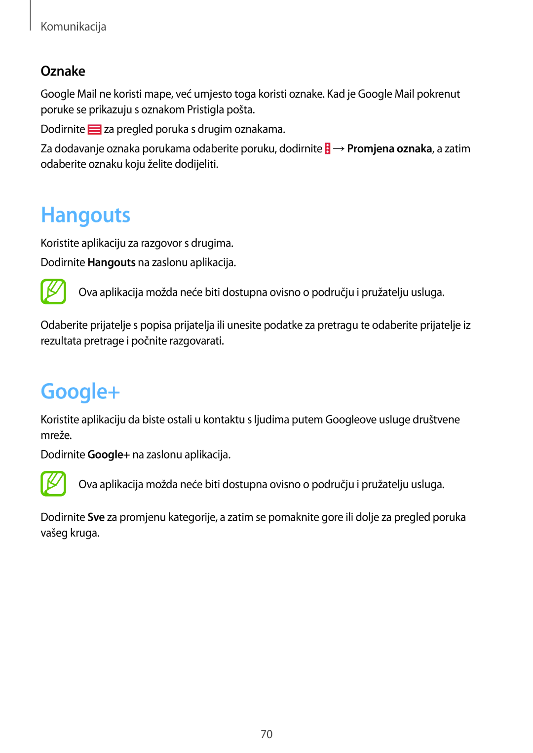 Samsung SM-P9050ZKACRO, SM-P9050ZKAVIP manual Hangouts, Google+, Oznake 