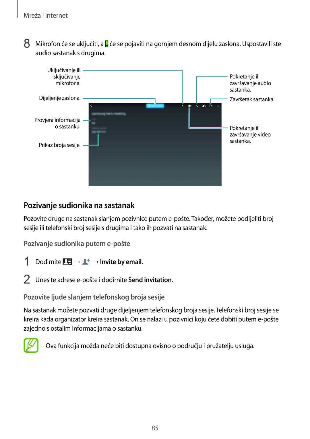 Samsung SM-P9050ZKAVIP, SM-P9050ZKACRO manual Pozivanje sudionika na sastanak, →Invite by email 