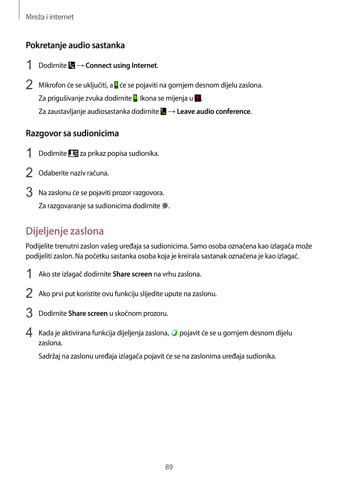 Samsung SM-P9050ZKAVIP, SM-P9050ZKACRO manual Dijeljenje zaslona, Pokretanje audio sastanka, Razgovor sa sudionicima 
