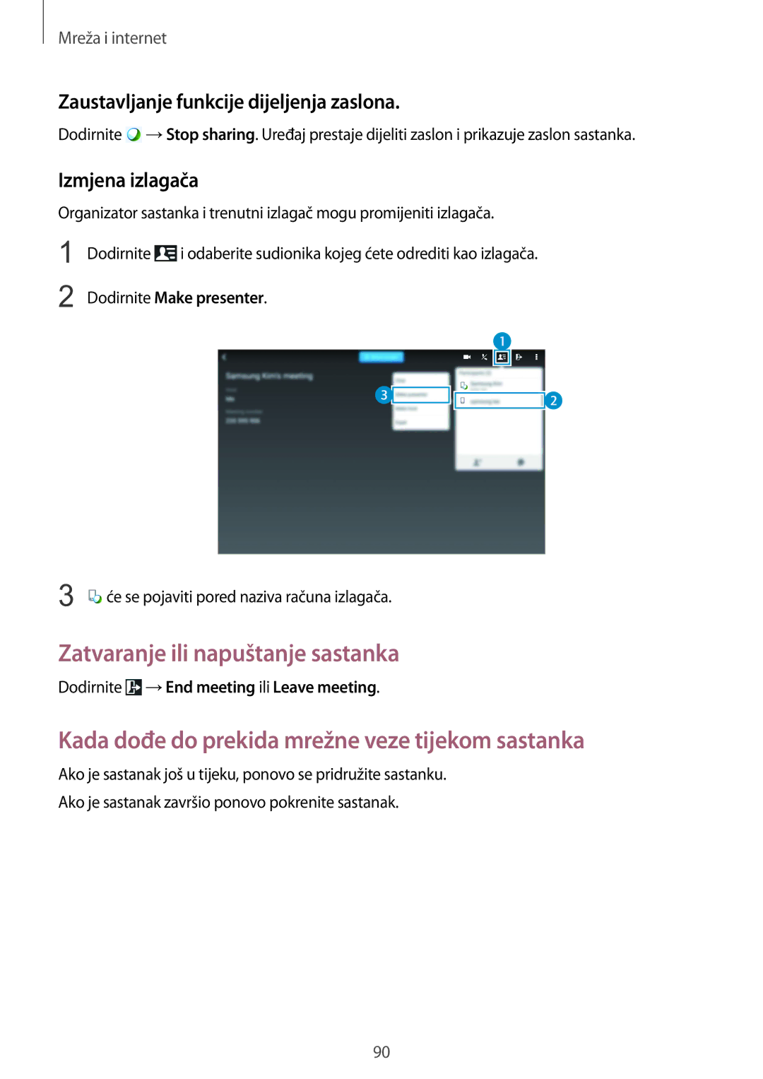 Samsung SM-P9050ZKACRO manual Zaustavljanje funkcije dijeljenja zaslona, Izmjena izlagača, Dodirnite Make presenter 