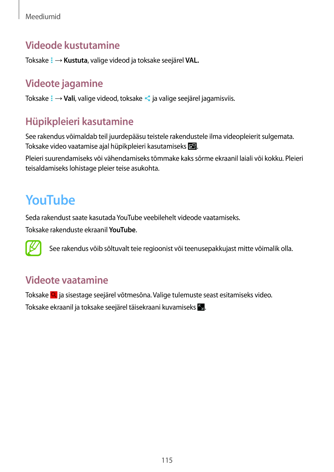 Samsung SM-P9050ZWASEB manual YouTube, Videode kustutamine, Videote jagamine, Hüpikpleieri kasutamine, Videote vaatamine 