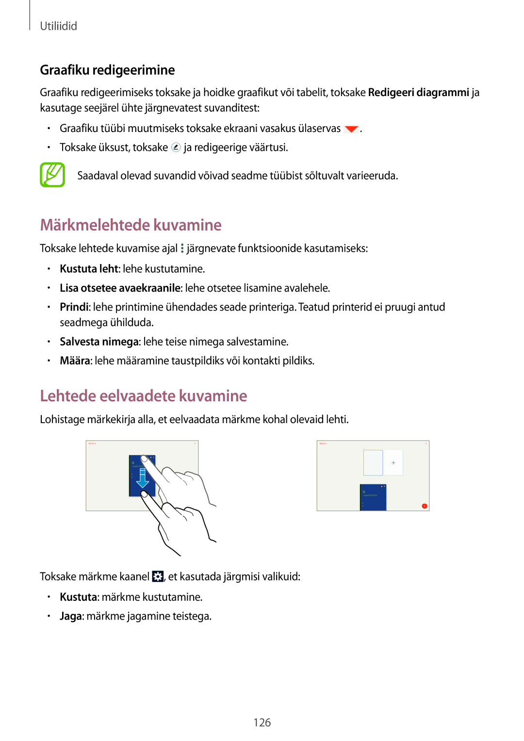 Samsung SM-P9050ZKASEB, SM-P9050ZWASEB manual Märkmelehtede kuvamine, Lehtede eelvaadete kuvamine, Graafiku redigeerimine 