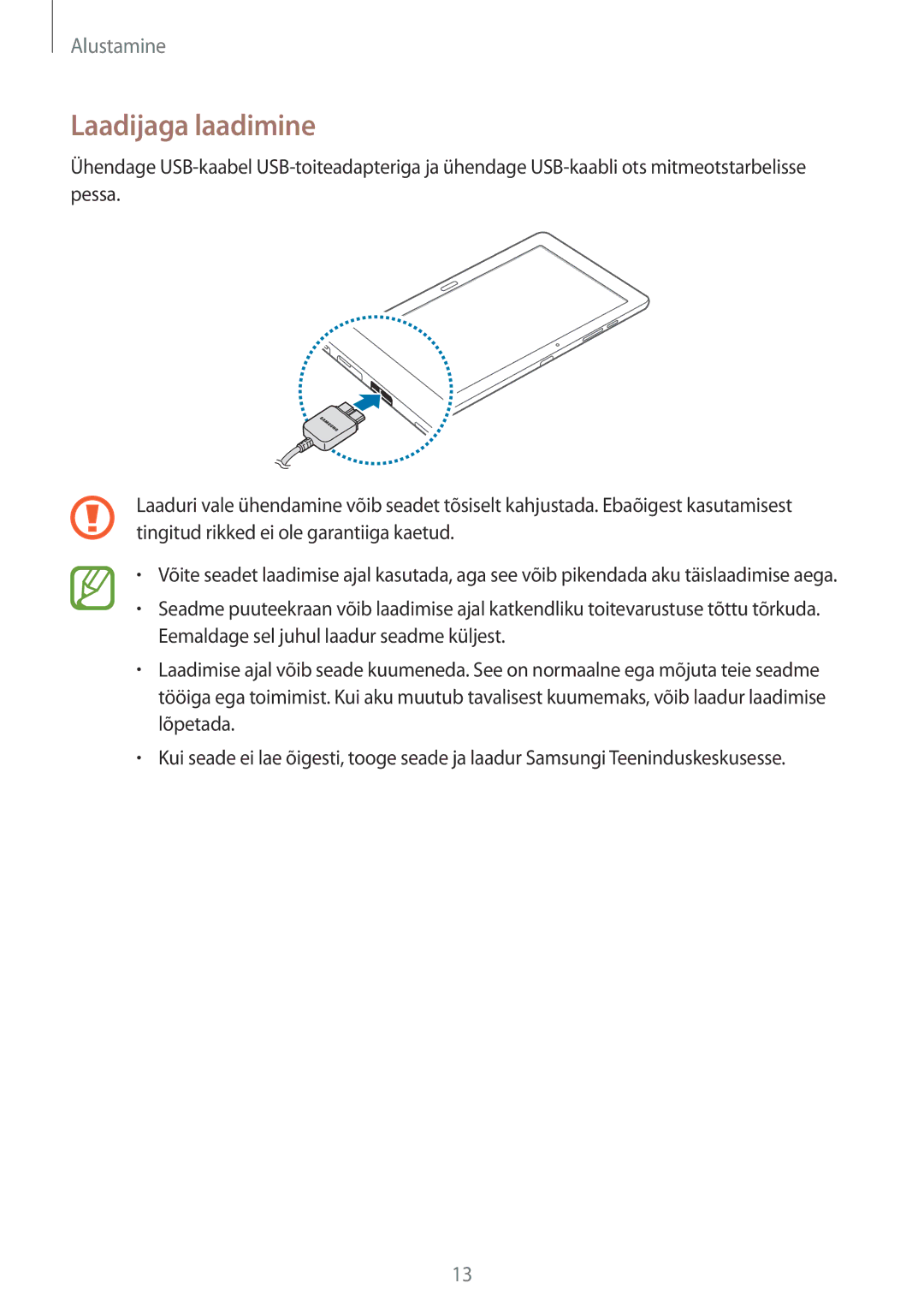 Samsung SM-P9050ZWASEB, SM-P9050ZKASEB manual Laadijaga laadimine 