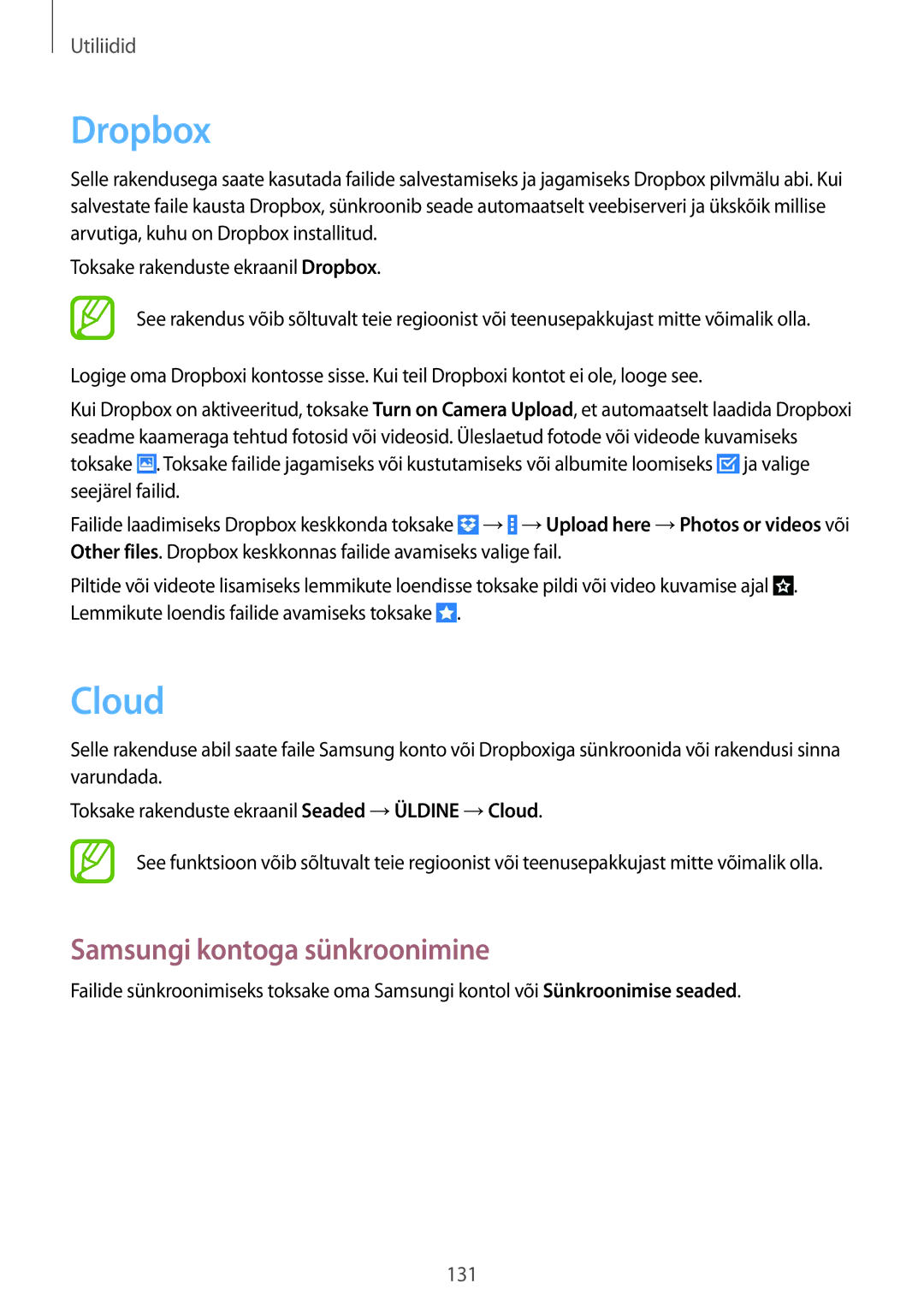 Samsung SM-P9050ZWASEB, SM-P9050ZKASEB manual Dropbox, Cloud, Samsungi kontoga sünkroonimine 