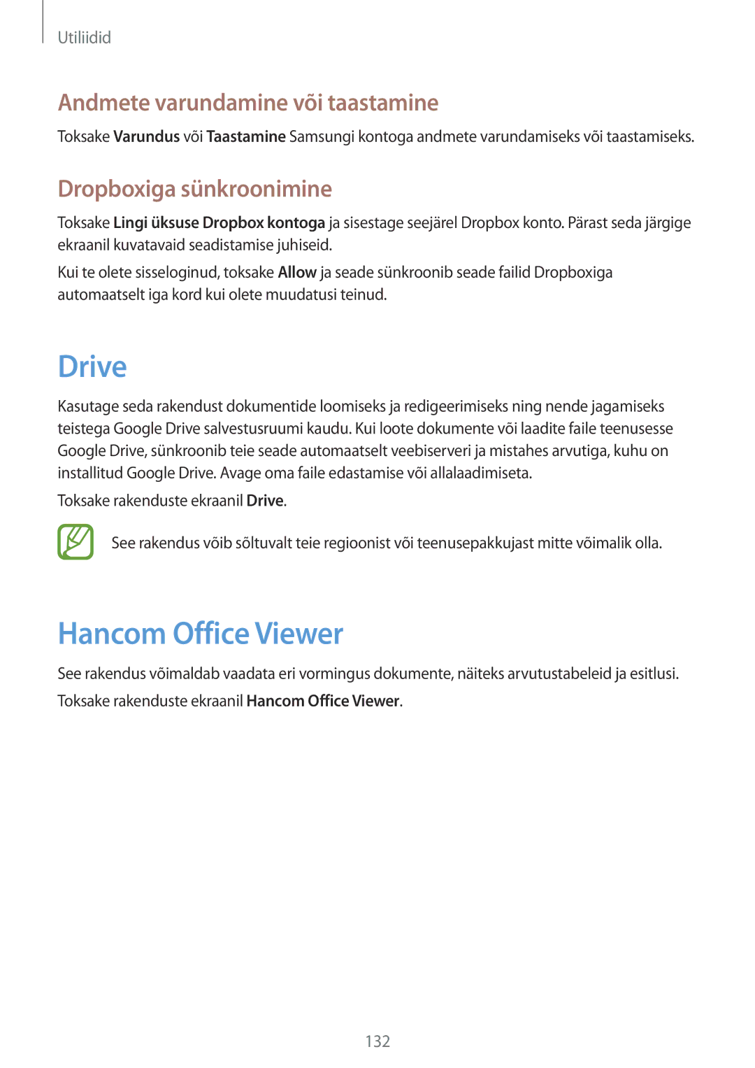 Samsung SM-P9050ZKASEB manual Drive, Hancom Office Viewer, Andmete varundamine või taastamine, Dropboxiga sünkroonimine 
