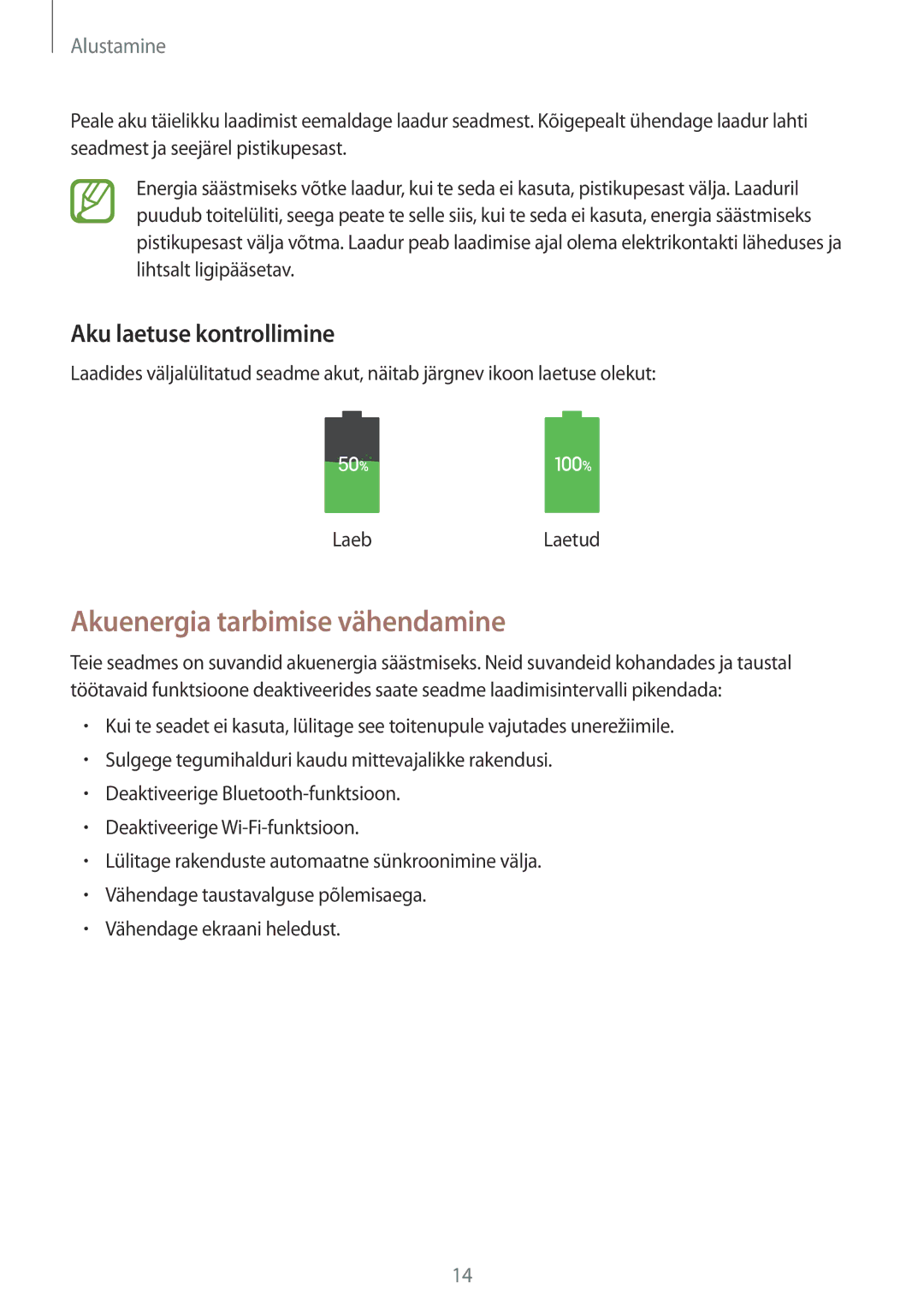 Samsung SM-P9050ZKASEB, SM-P9050ZWASEB manual Akuenergia tarbimise vähendamine, Aku laetuse kontrollimine 