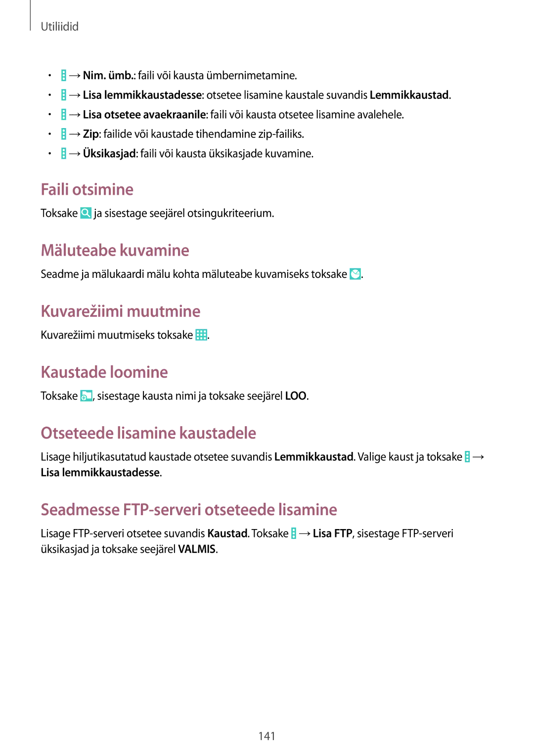 Samsung SM-P9050ZWASEB, SM-P9050ZKASEB manual Faili otsimine, Mäluteabe kuvamine, Kuvarežiimi muutmine, Kaustade loomine 