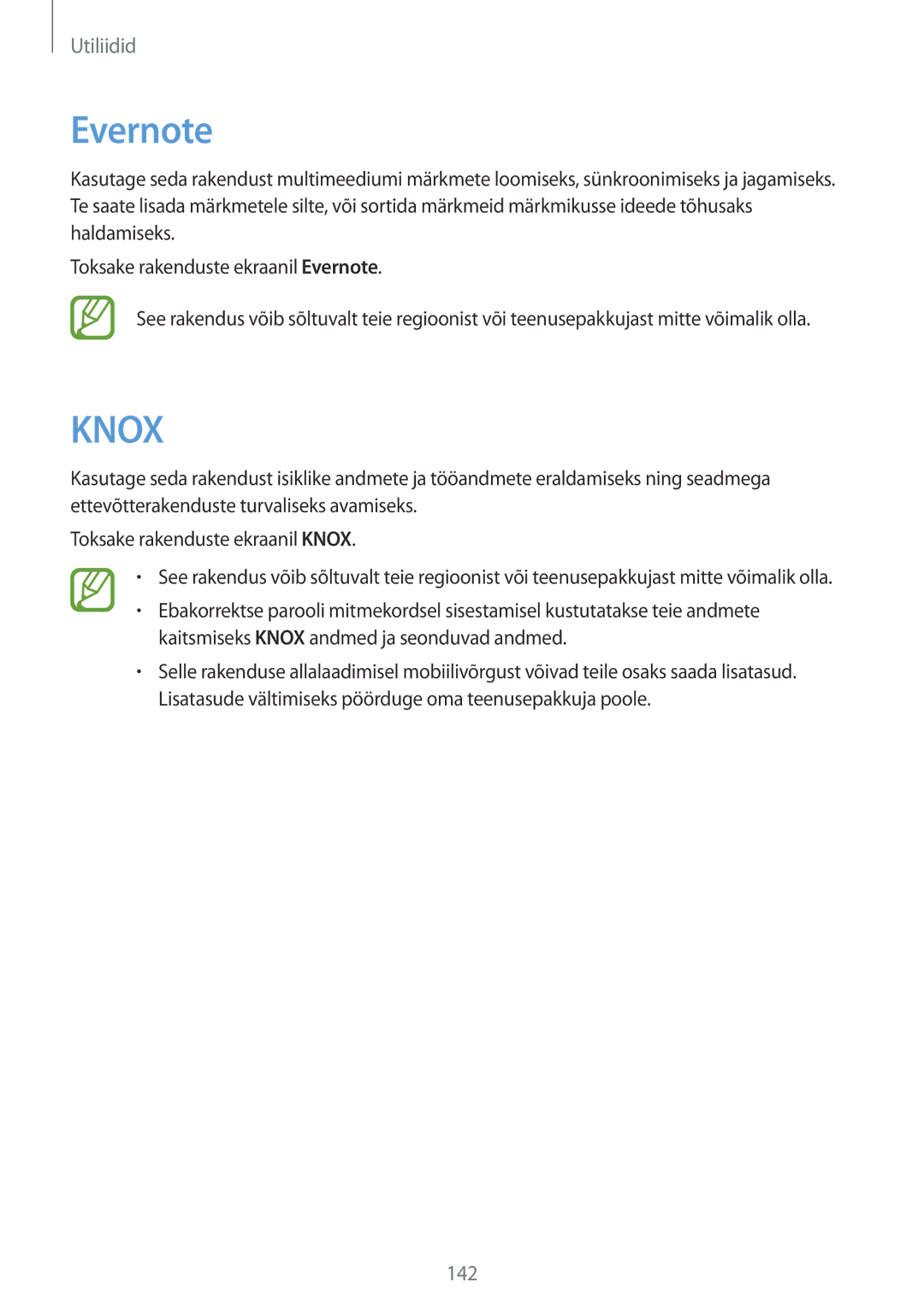 Samsung SM-P9050ZKASEB, SM-P9050ZWASEB manual Evernote, Knox 