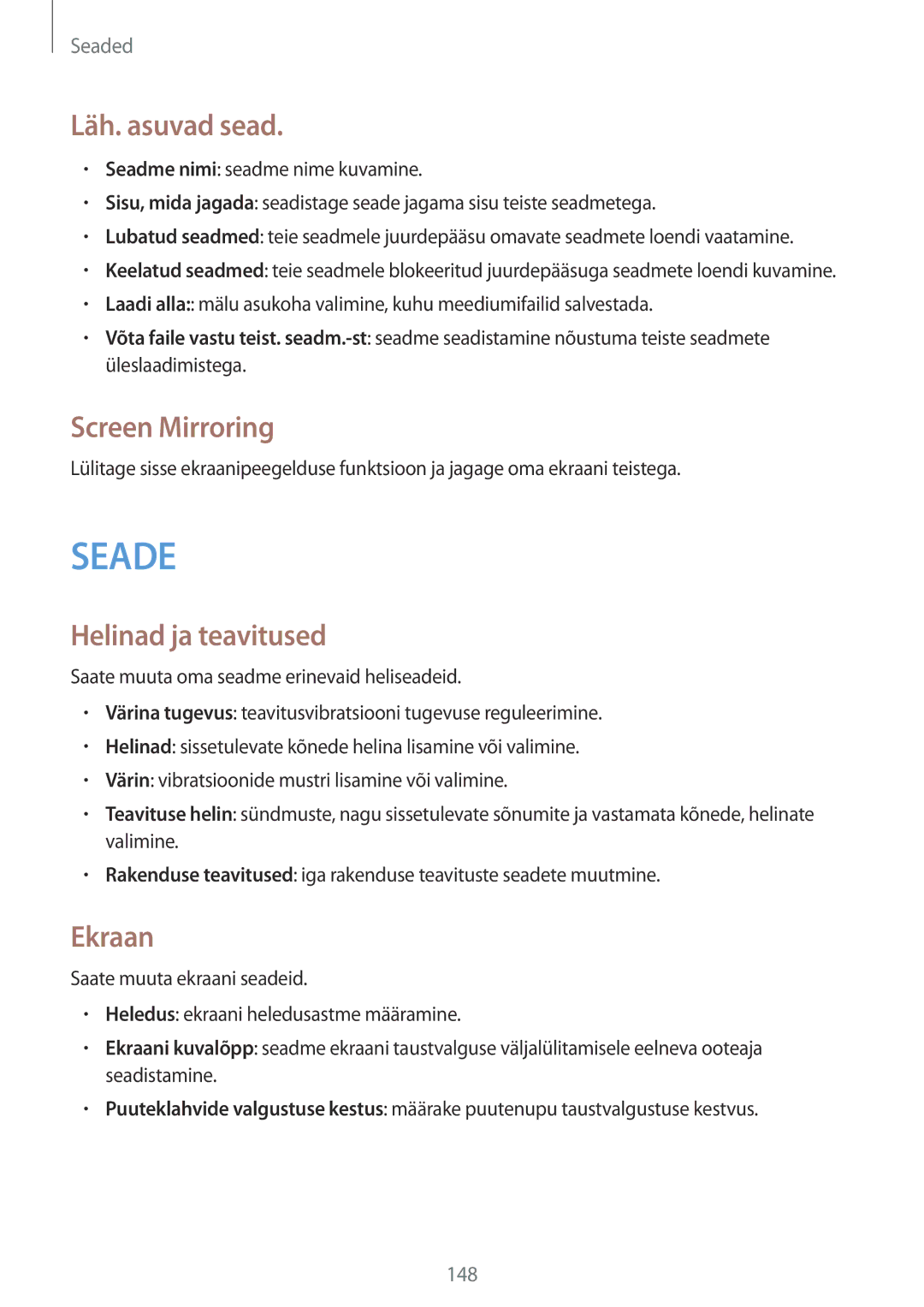 Samsung SM-P9050ZKASEB, SM-P9050ZWASEB manual Läh. asuvad sead, Screen Mirroring, Helinad ja teavitused, Ekraan 