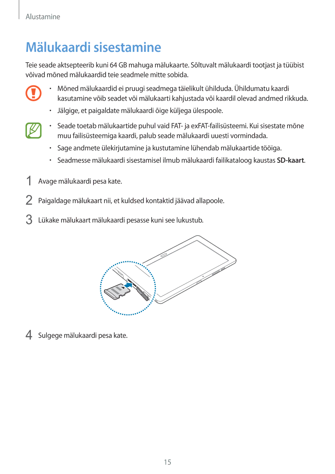 Samsung SM-P9050ZWASEB, SM-P9050ZKASEB manual Mälukaardi sisestamine 