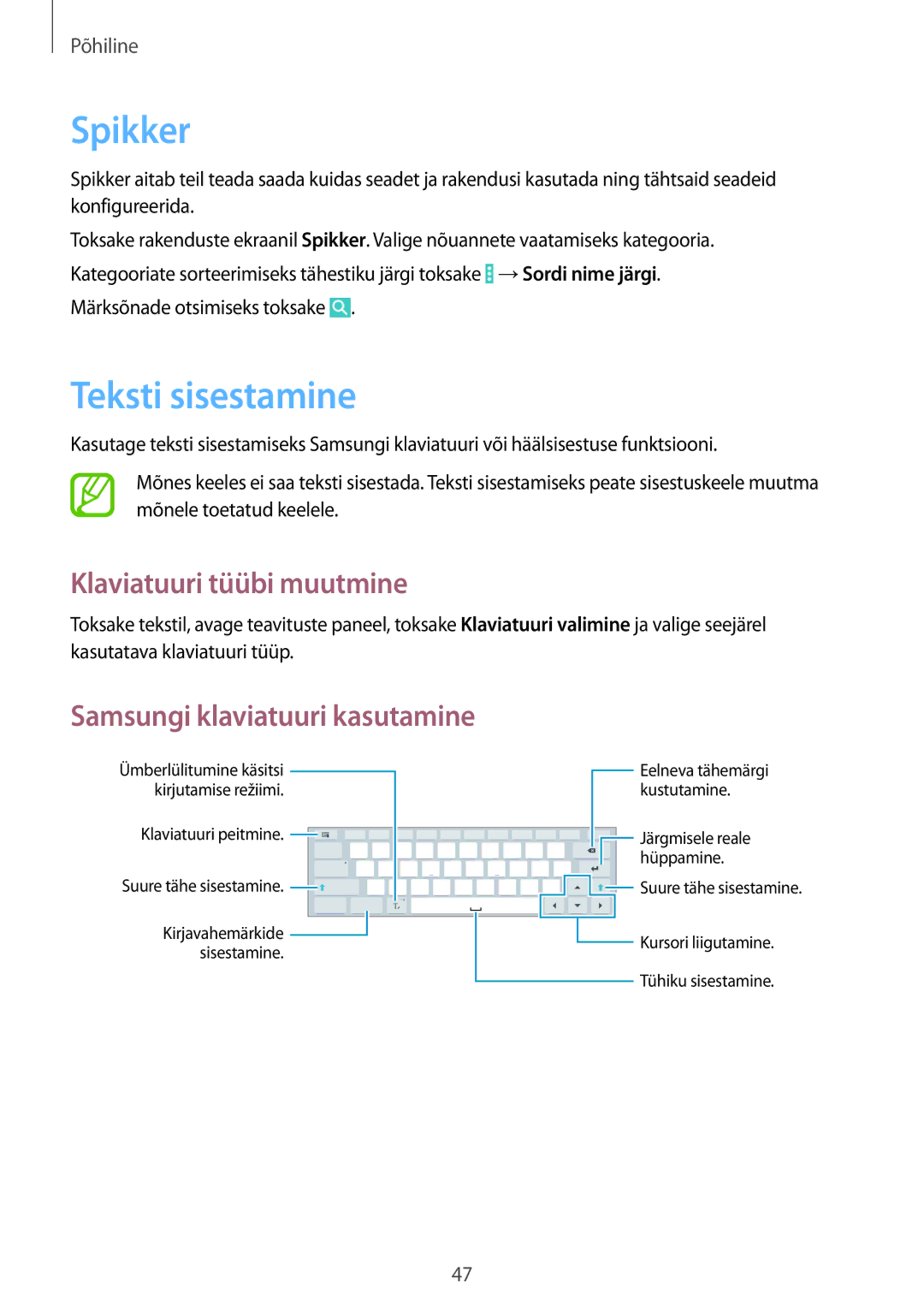 Samsung SM-P9050ZWASEB manual Spikker, Teksti sisestamine, Klaviatuuri tüübi muutmine, Samsungi klaviatuuri kasutamine 