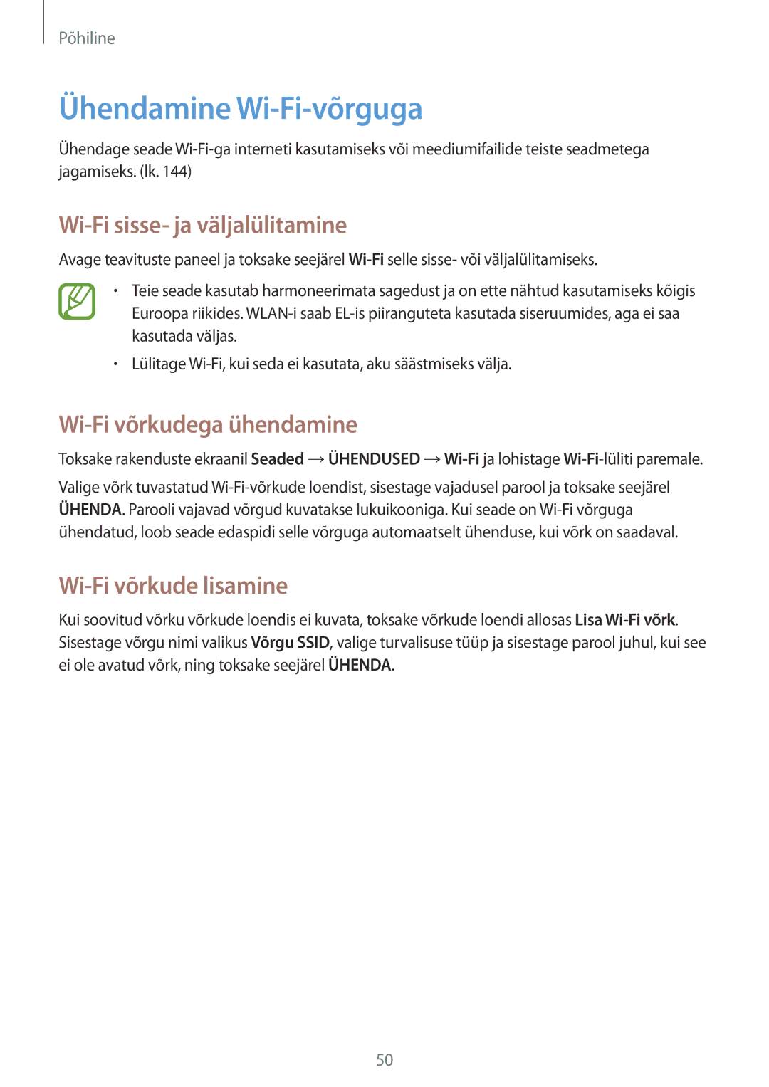 Samsung SM-P9050ZKASEB manual Ühendamine Wi-Fi-võrguga, Wi-Fi sisse- ja väljalülitamine, Wi-Fi võrkudega ühendamine 