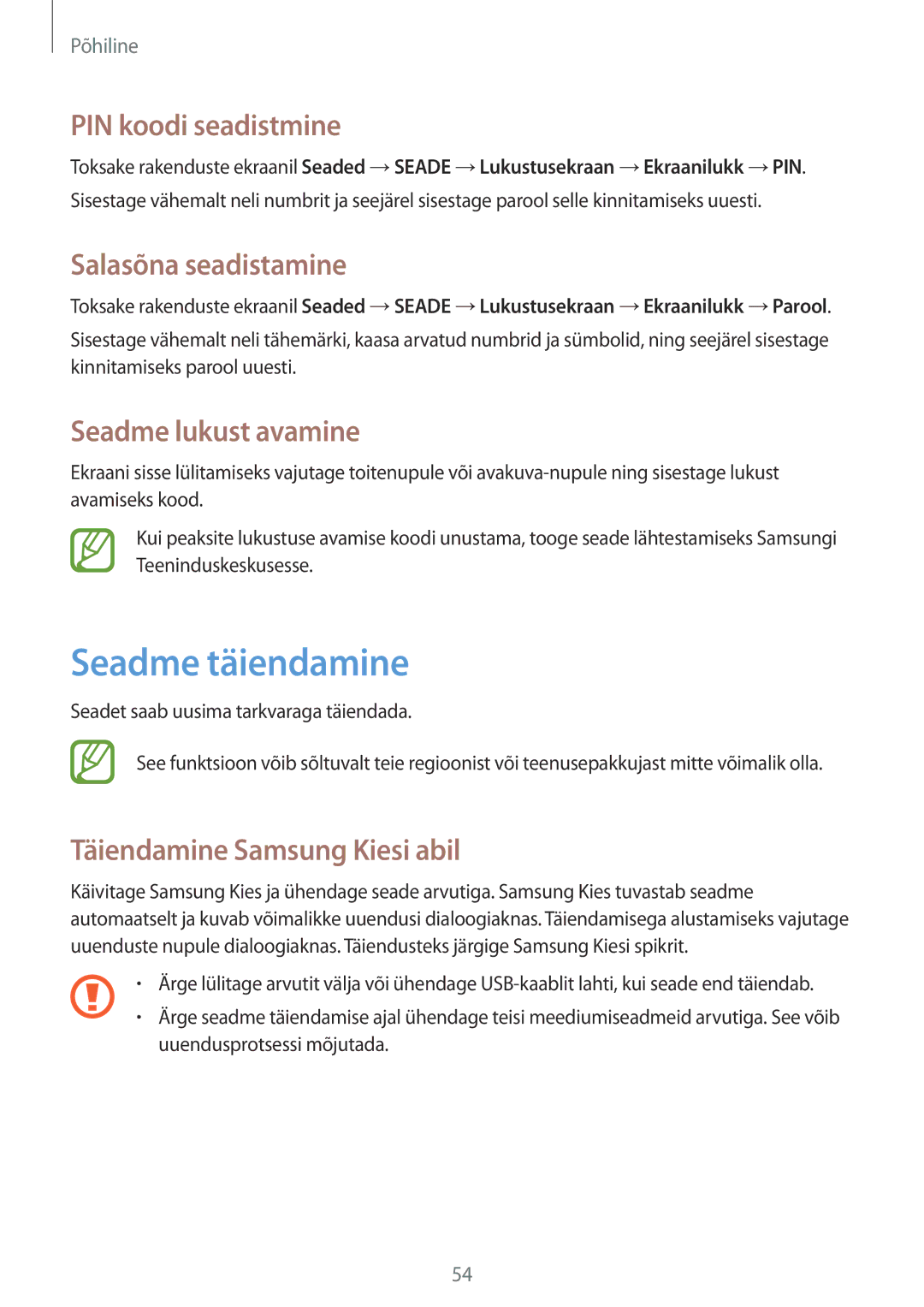 Samsung SM-P9050ZKASEB manual Seadme täiendamine, PIN koodi seadistmine, Salasõna seadistamine, Seadme lukust avamine 