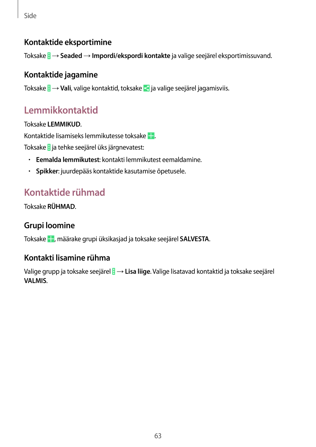 Samsung SM-P9050ZWASEB, SM-P9050ZKASEB manual Lemmikkontaktid, Kontaktide rühmad 