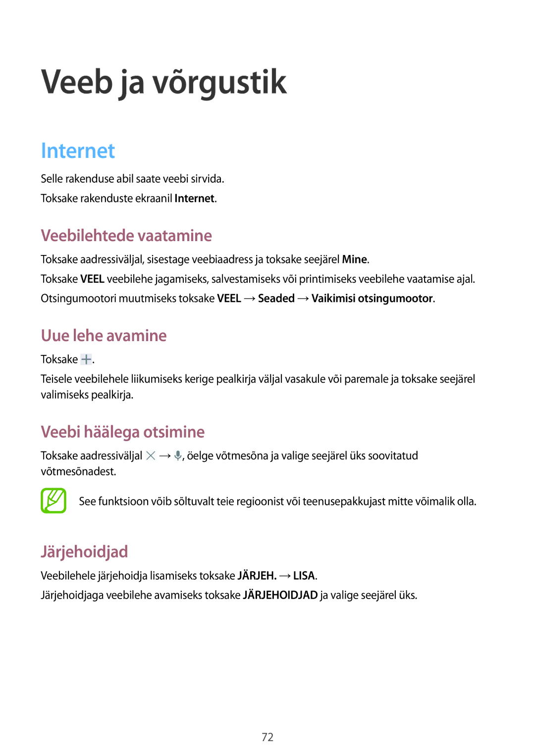 Samsung SM-P9050ZKASEB manual Internet, Veebilehtede vaatamine, Uue lehe avamine, Veebi häälega otsimine, Järjehoidjad 