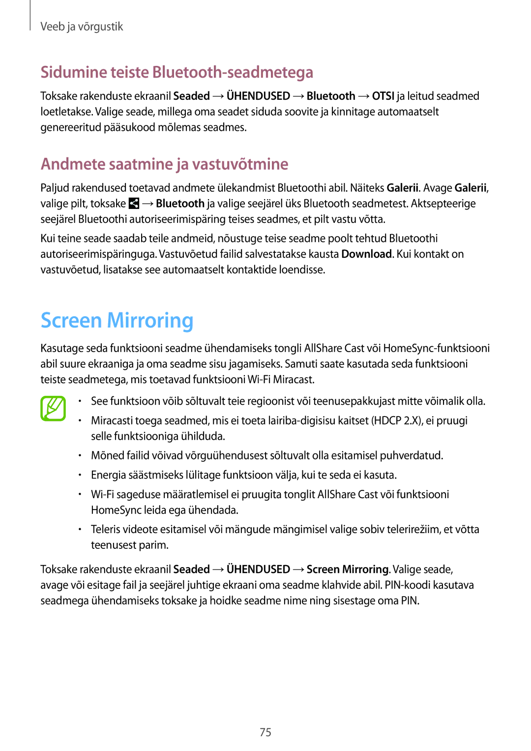 Samsung SM-P9050ZWASEB manual Screen Mirroring, Sidumine teiste Bluetooth-seadmetega, Andmete saatmine ja vastuvõtmine 