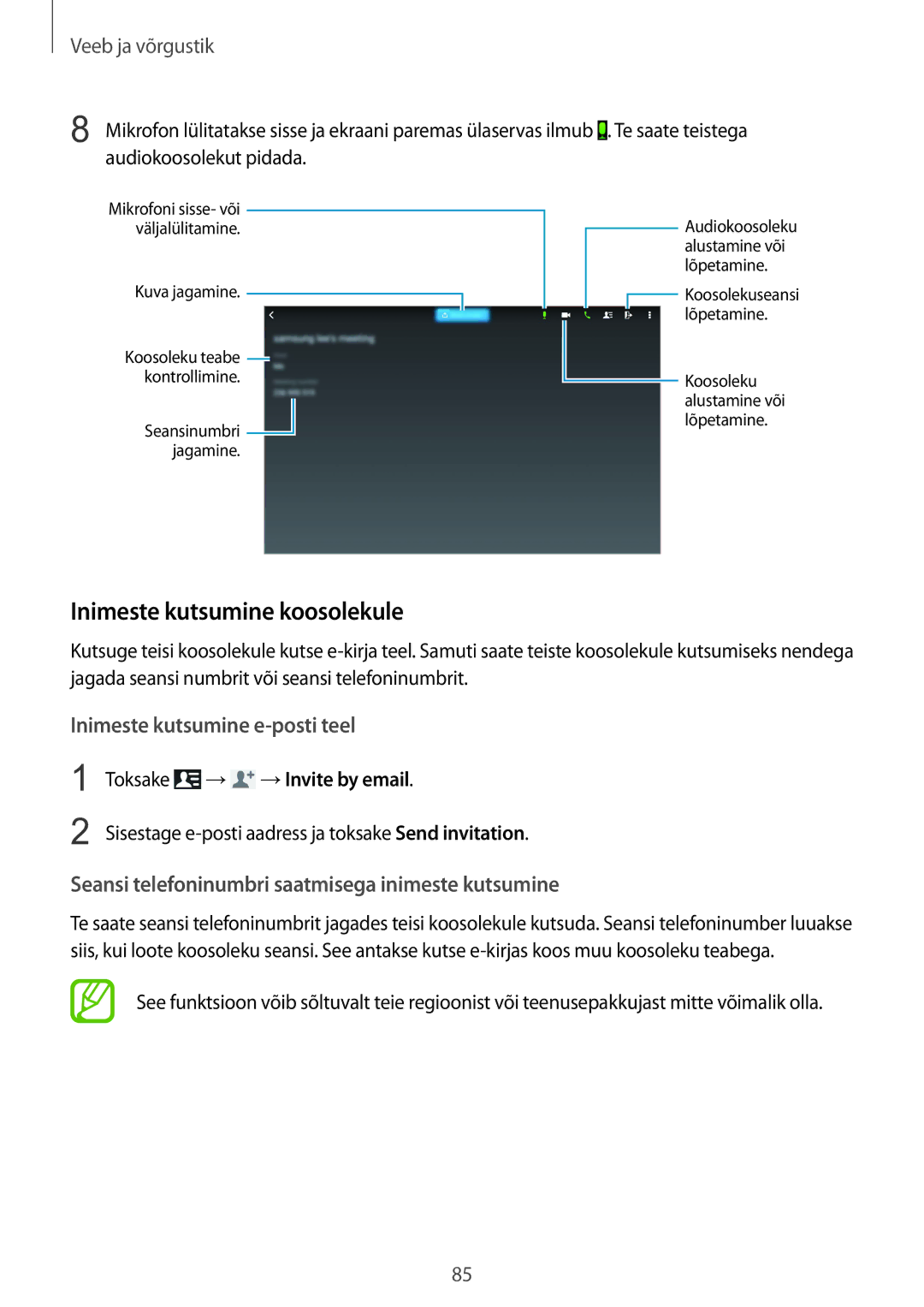 Samsung SM-P9050ZWASEB, SM-P9050ZKASEB manual Inimeste kutsumine koosolekule, Toksake → →Invite by email 