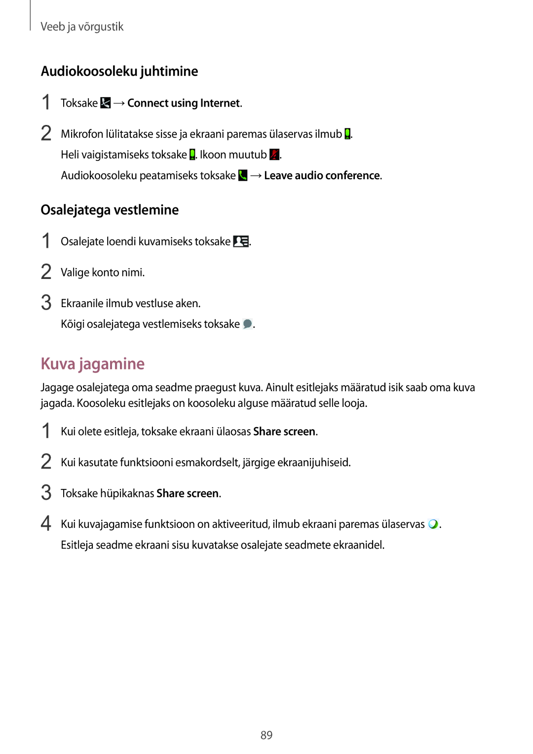 Samsung SM-P9050ZWASEB, SM-P9050ZKASEB manual Kuva jagamine, Audiokoosoleku juhtimine, Osalejatega vestlemine 