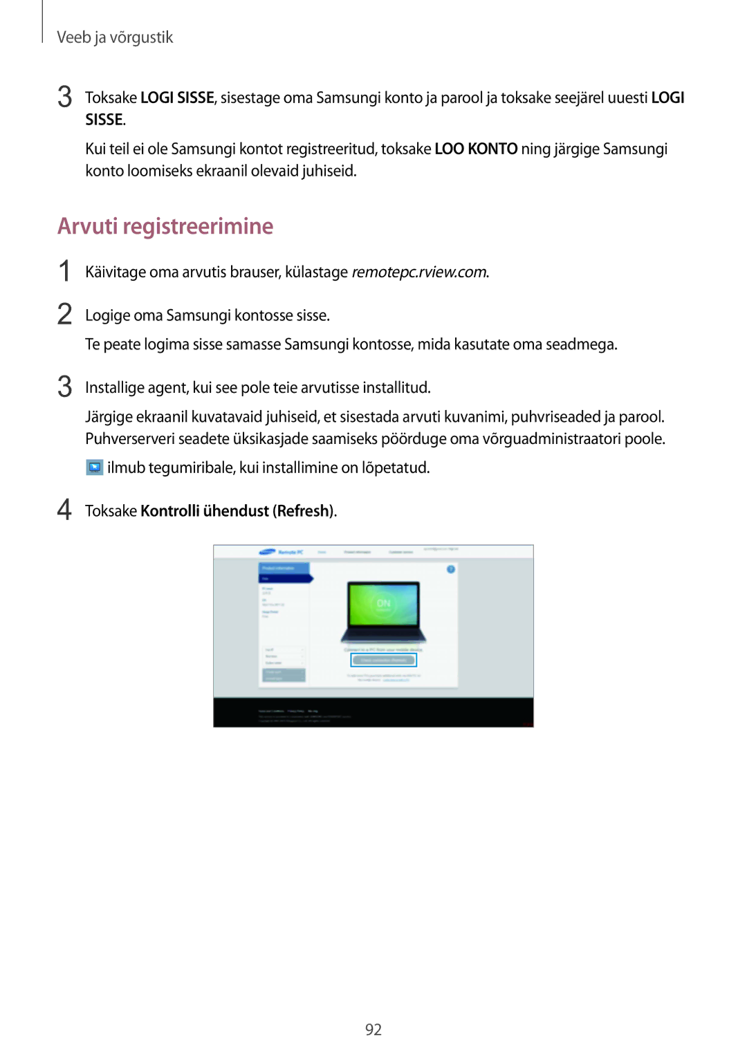Samsung SM-P9050ZKASEB, SM-P9050ZWASEB manual Arvuti registreerimine, Toksake Kontrolli ühendust Refresh 