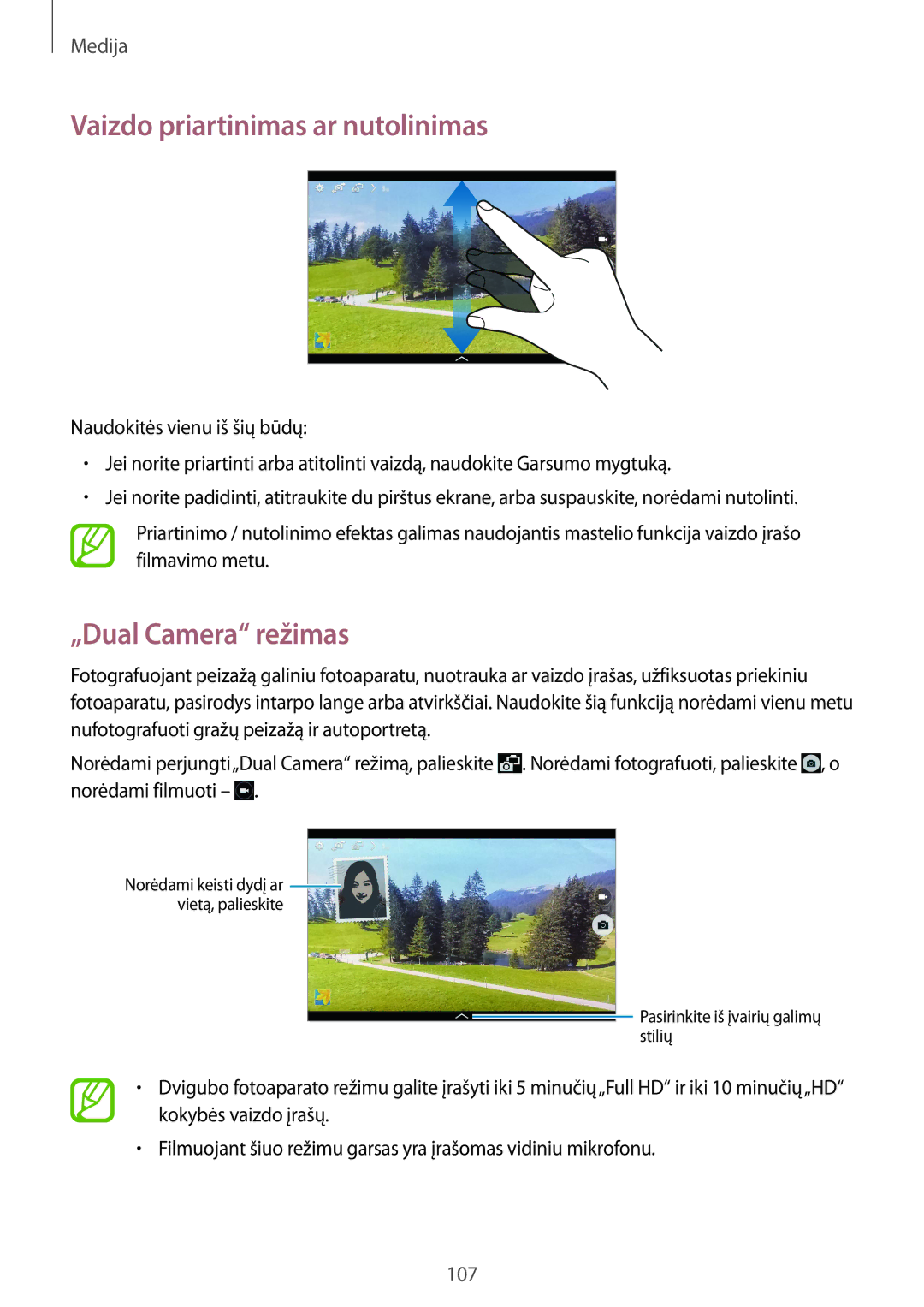Samsung SM-P9050ZWASEB, SM-P9050ZKASEB manual Vaizdo priartinimas ar nutolinimas, „Dual Camera režimas 