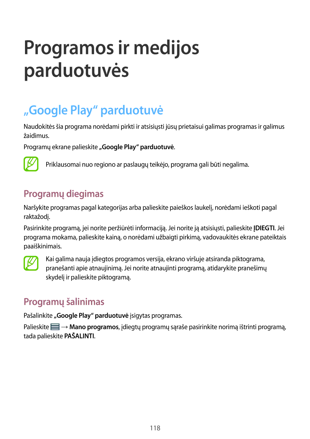 Samsung SM-P9050ZKASEB, SM-P9050ZWASEB manual Programos ir medijos parduotuvės, „Google Play parduotuvė 