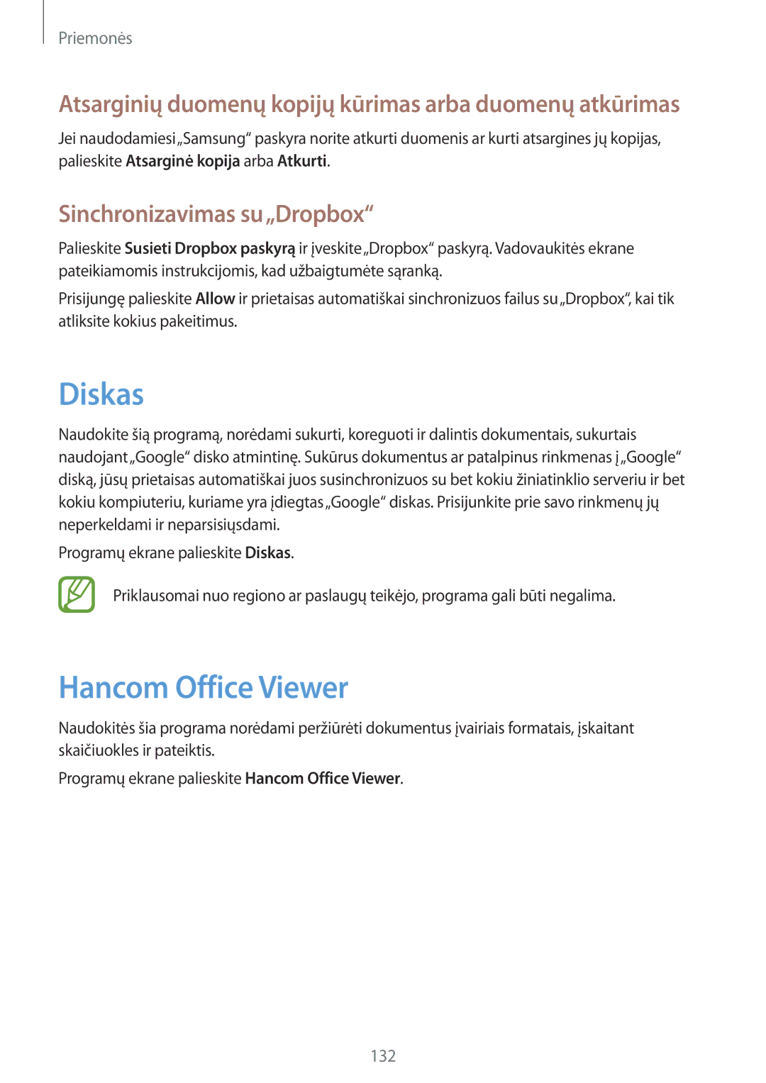 Samsung SM-P9050ZKASEB, SM-P9050ZWASEB manual Diskas, Hancom Office Viewer, Sinchronizavimas su„Dropbox 