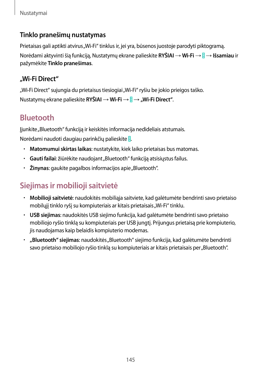 Samsung SM-P9050ZWASEB manual Bluetooth, Siejimas ir mobilioji saitvietė, Tinklo pranešimų nustatymas, „Wi-Fi Direct 