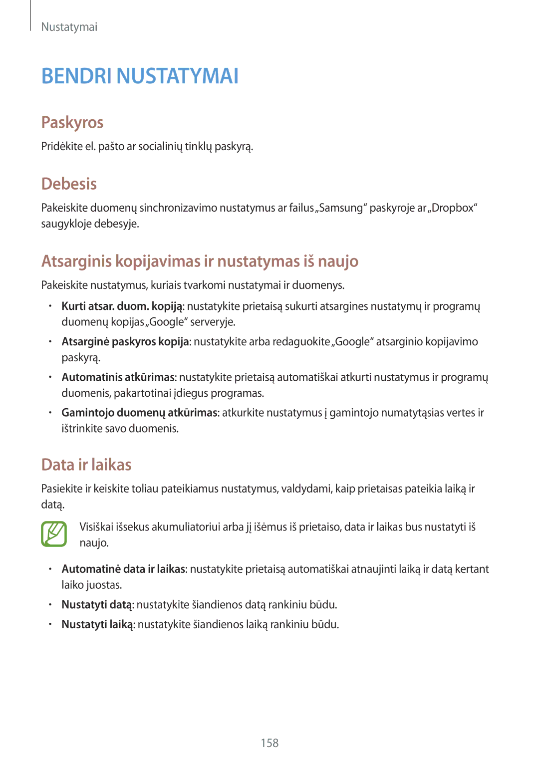 Samsung SM-P9050ZKASEB, SM-P9050ZWASEB Paskyros, Debesis, Atsarginis kopijavimas ir nustatymas iš naujo, Data ir laikas 