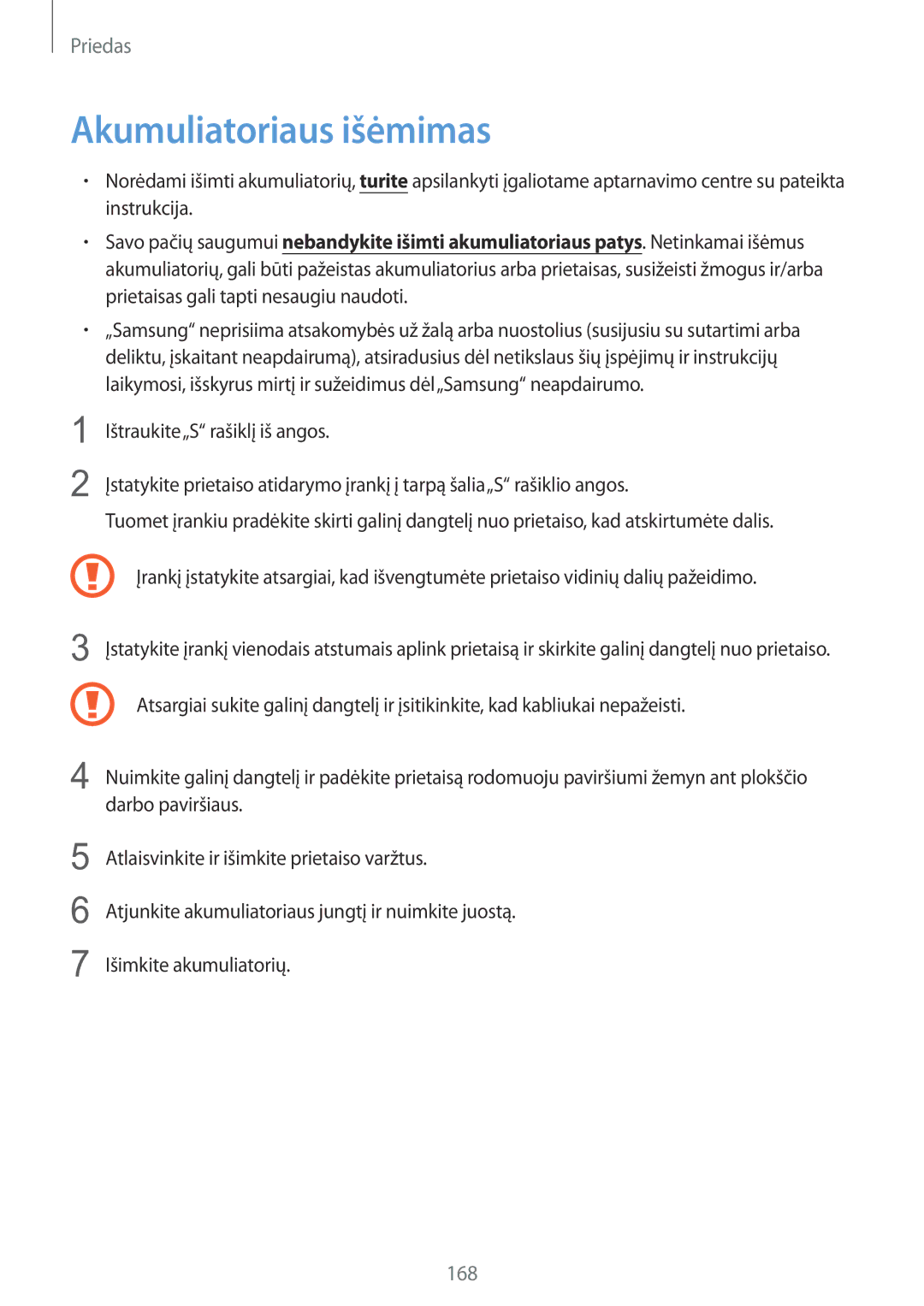 Samsung SM-P9050ZKASEB, SM-P9050ZWASEB manual Akumuliatoriaus išėmimas, 168 